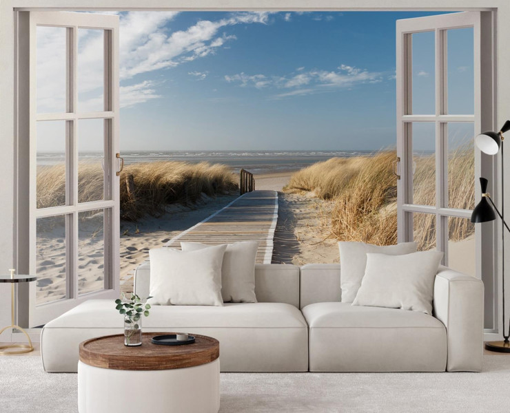 Feeby Fototapeta, Widok z okna plaża wydmy pomost 140x100