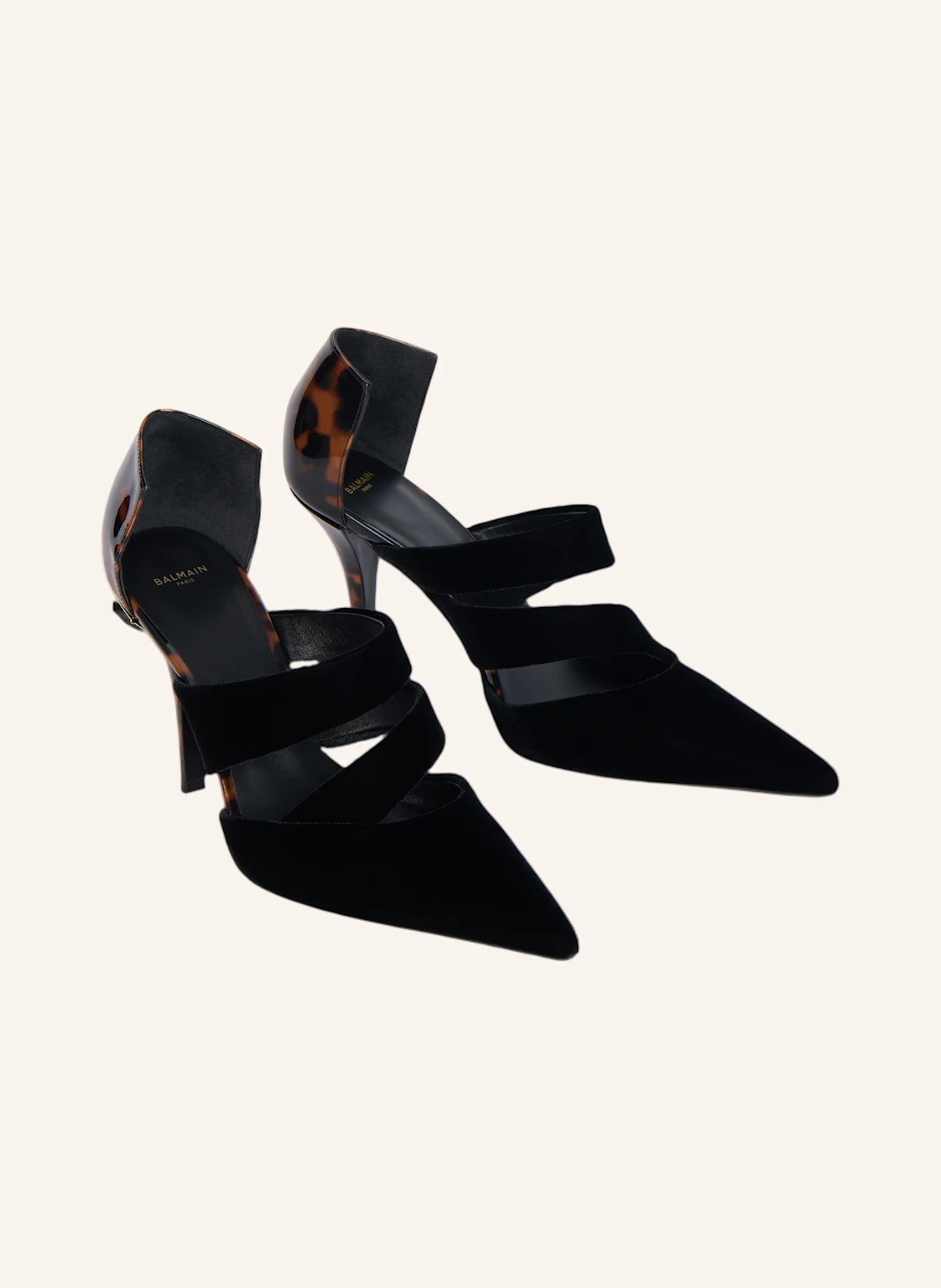 BALMAIN Pumps aus Samt und Lackleder mit Aufdruck