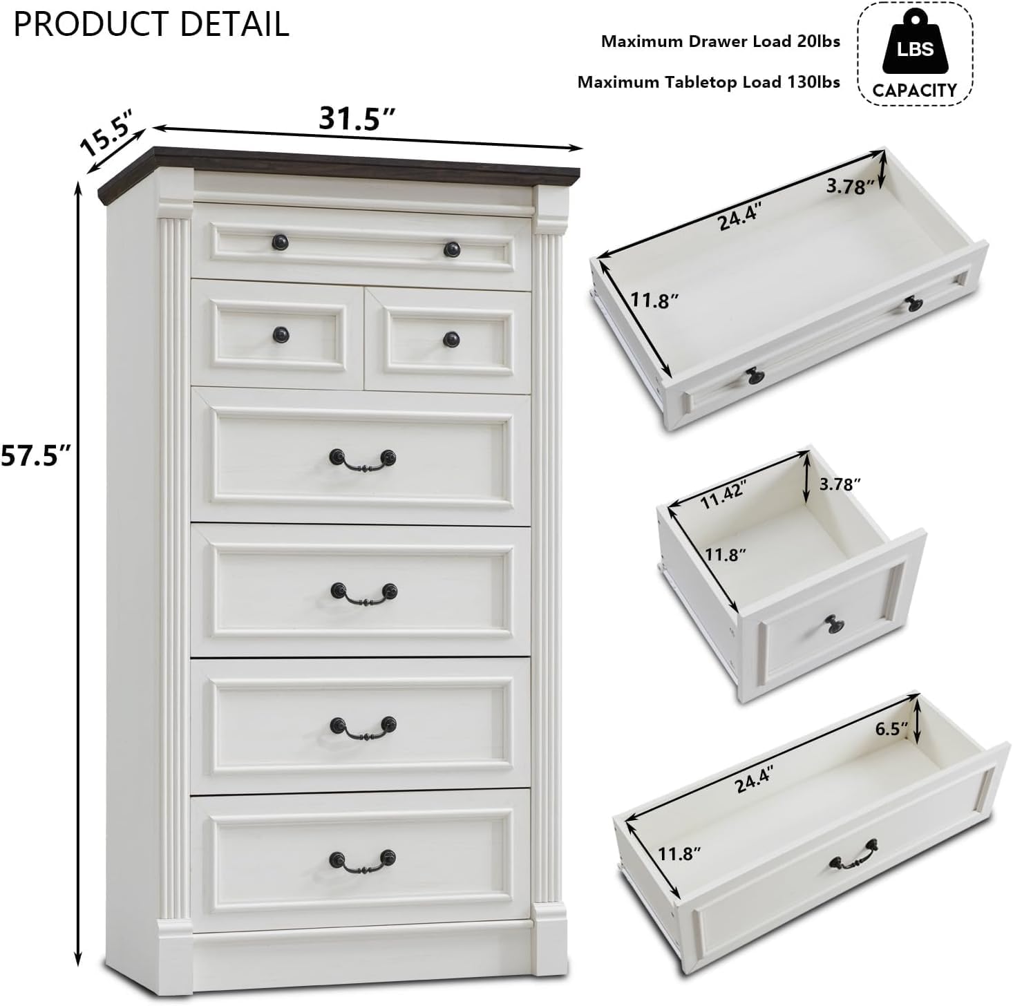 Farmhouse 7 Drawers Dresser for Bedroom, 57 Tall Dressers & Chests of Drawers w/Roman Column, Large Storage Dressers Organizer for Bedroom, Hallway, Living Room, White