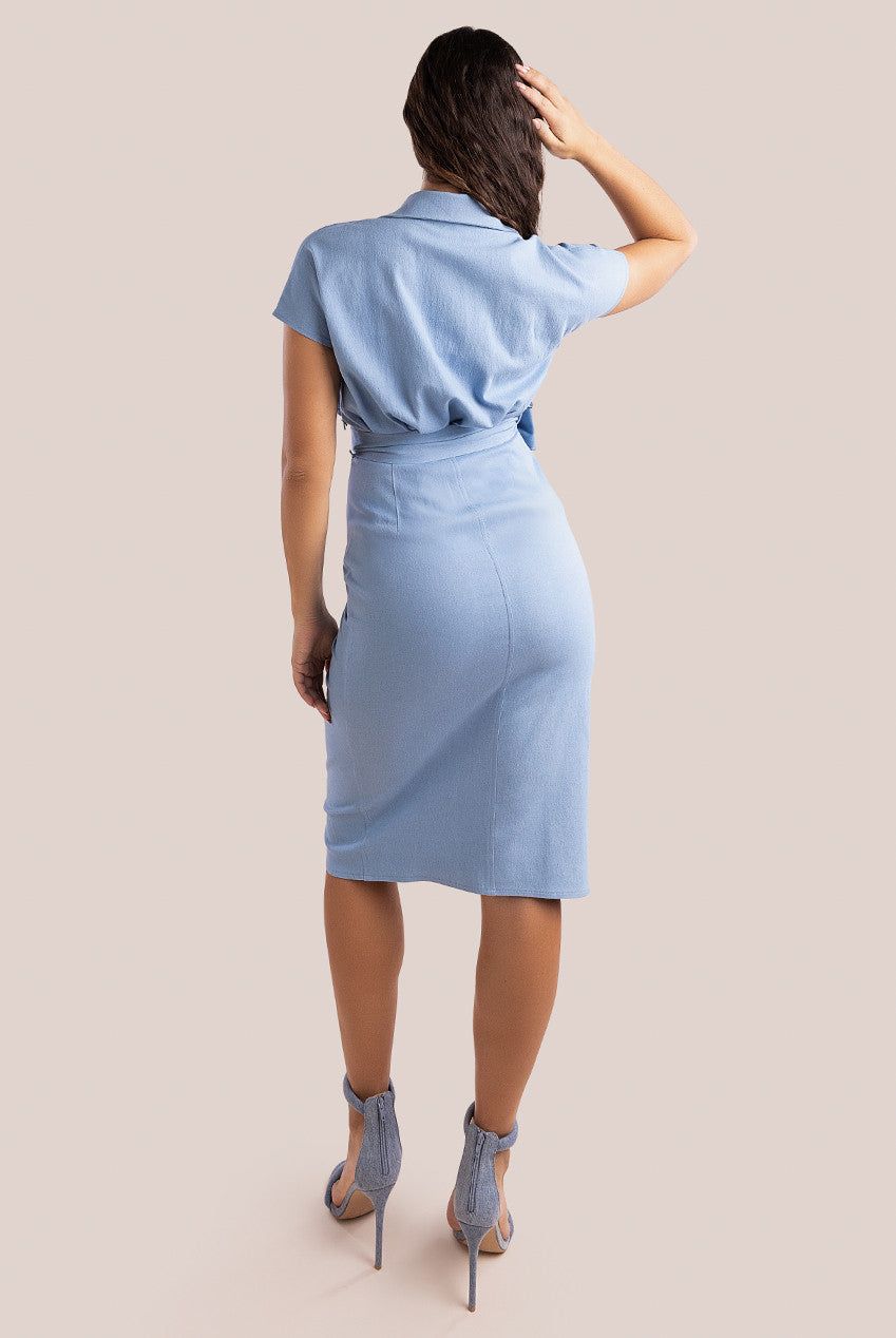 Goddiva Denim Gathered Angel Sleeve Midi Shirt Dress