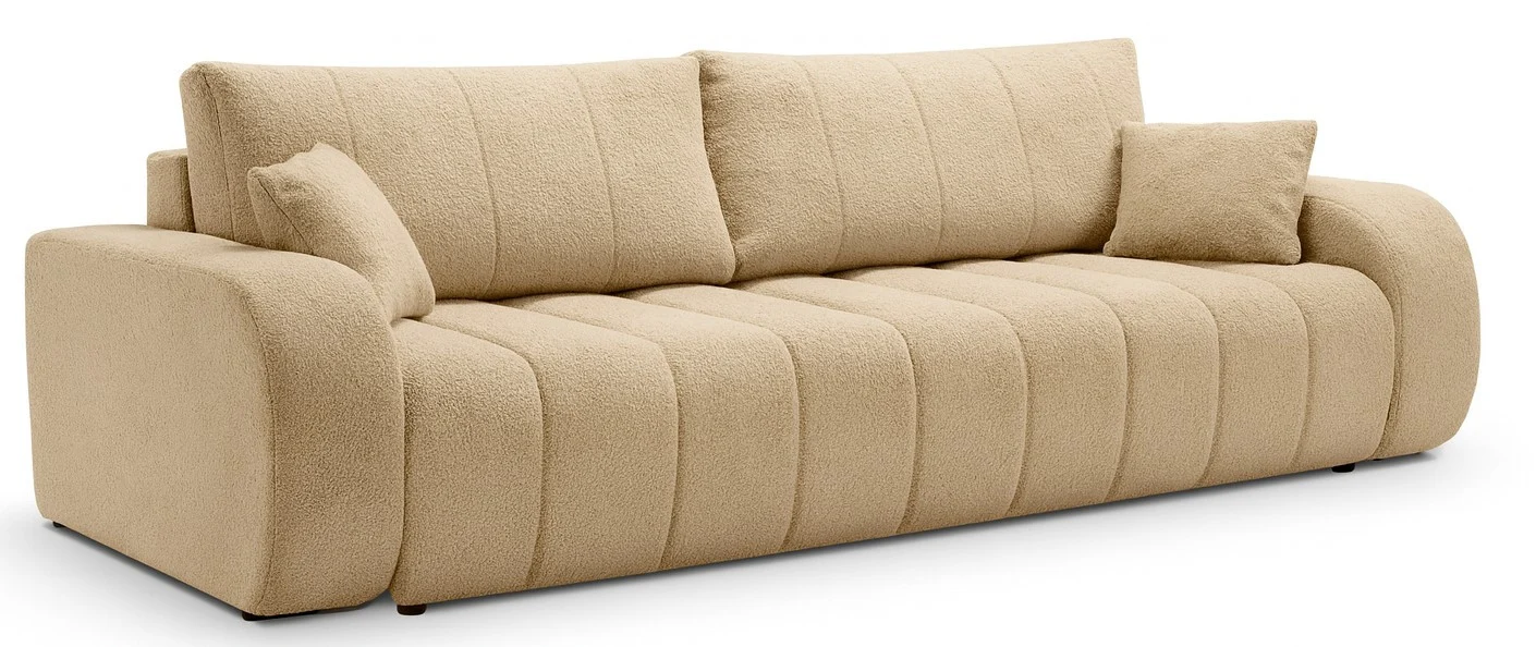 Sofa rozkładana ALOO obita tkaniną boucle z ozdobnymi poduszkami, beżowa