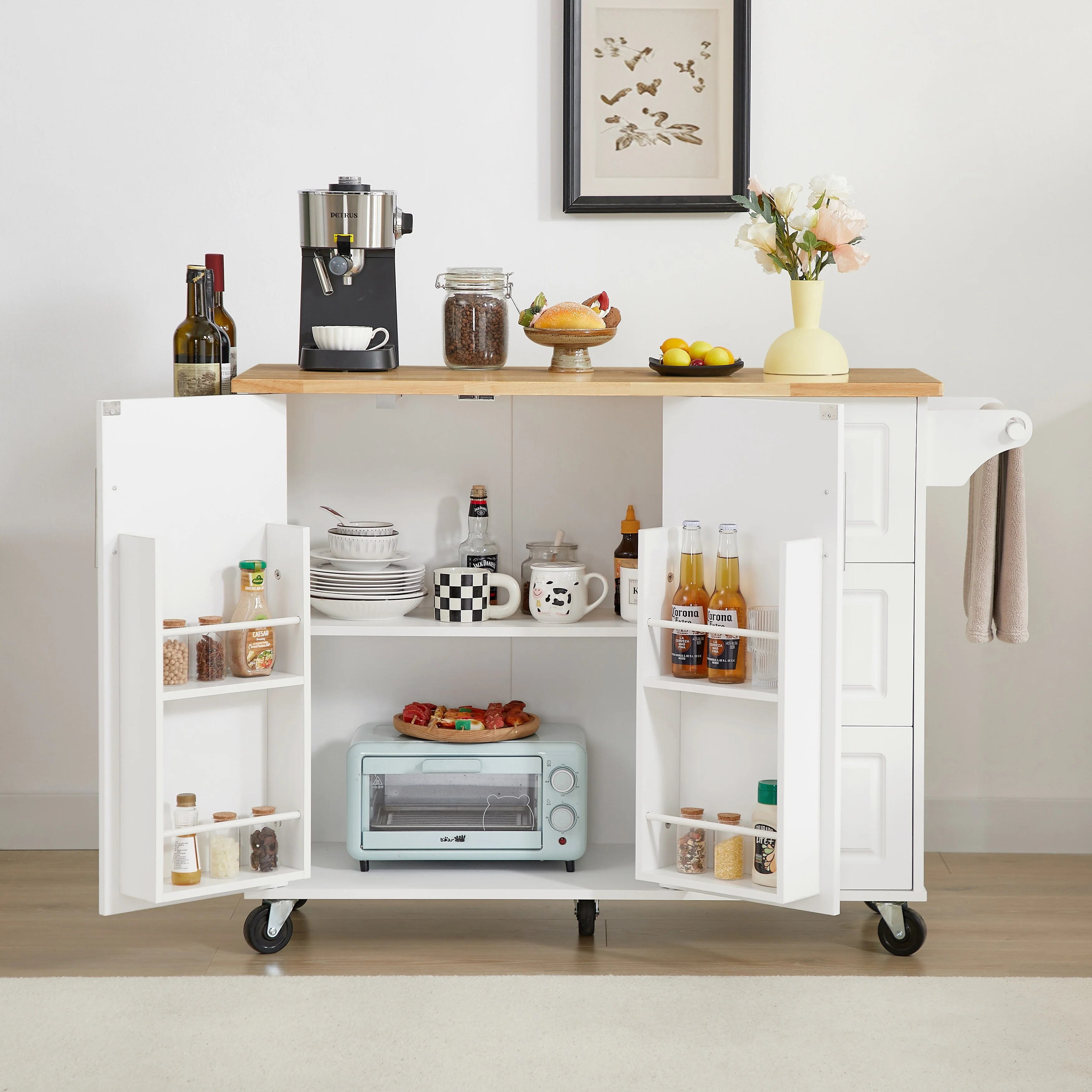 Kitchen Island Cart On Locking Wheels, Rolling Kitchen Island with Drop Leaf Countertop, Bar Cabinet with Cabinet & 3 Drawers