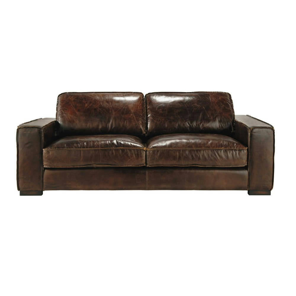 - Canapé vintage 3 places en cuir marron