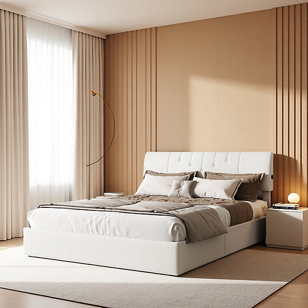 Lit double 140x200 cm en velours Teddy crème avec LED, coffre à vérin, ports USB latéraux, design moderne et confortable