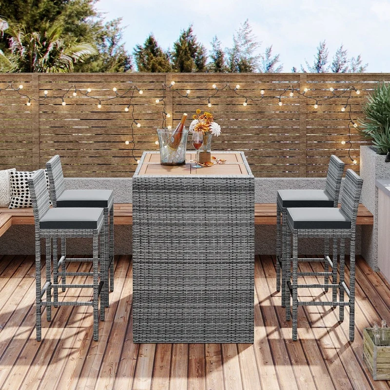 5-Piece Patio Dining Bar Set, Bar Height Chairs with Cushion