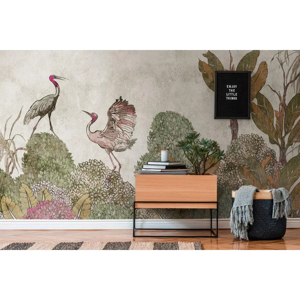 One Wall one Role fotobehang vogel groen, bruin, grijs, roze en beige