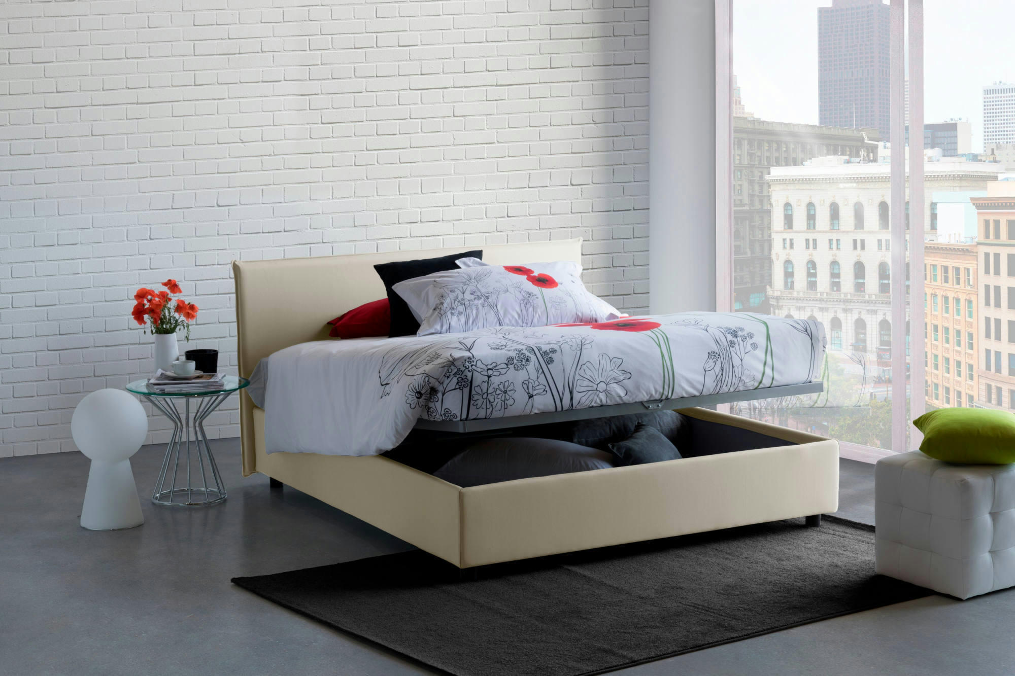 DAHMETA - Lit coffre 140x190 cm en tissu crème