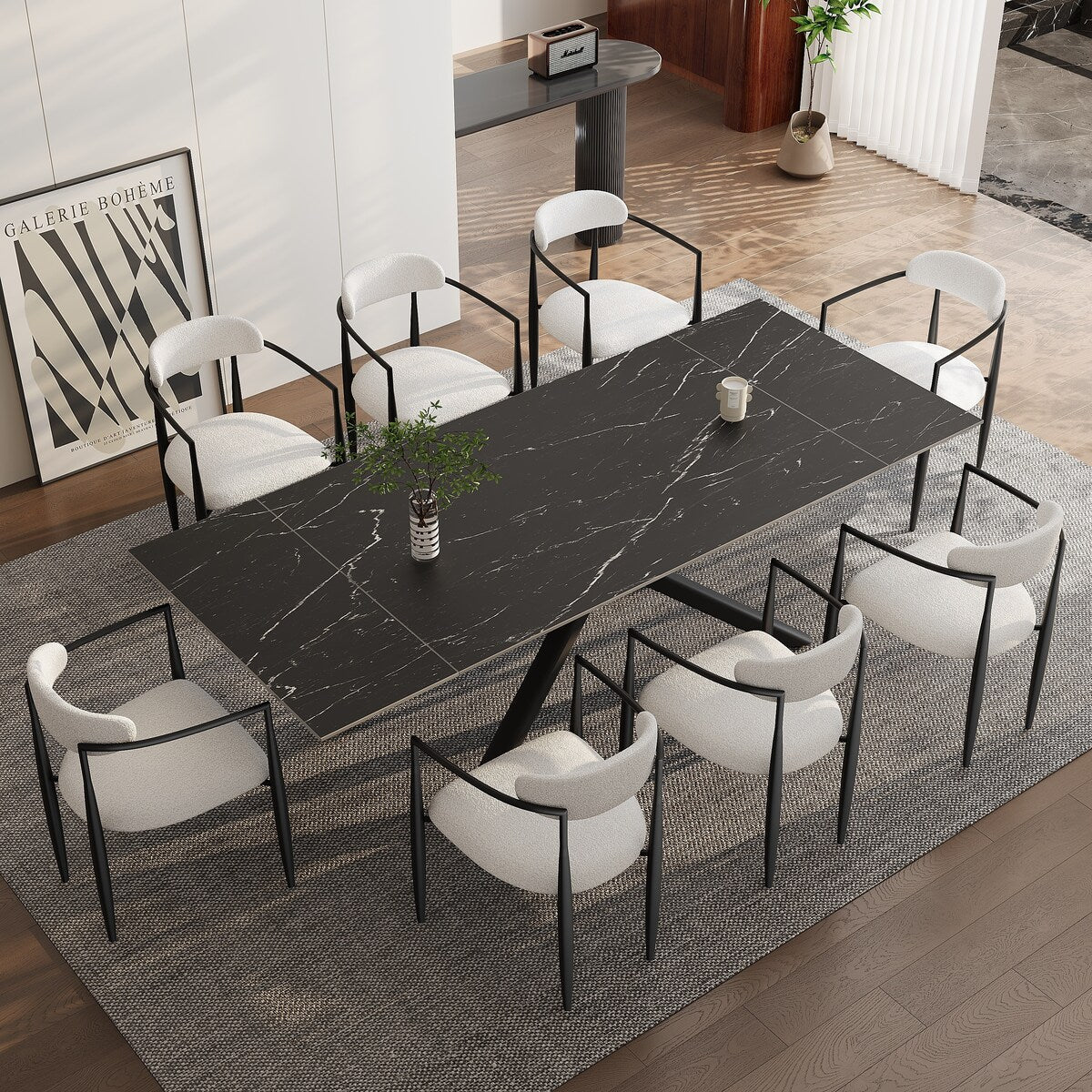 9 - Piece Extendable Sintered Stone Top Cross Legs Dining Set With 8 Fabric Chair
