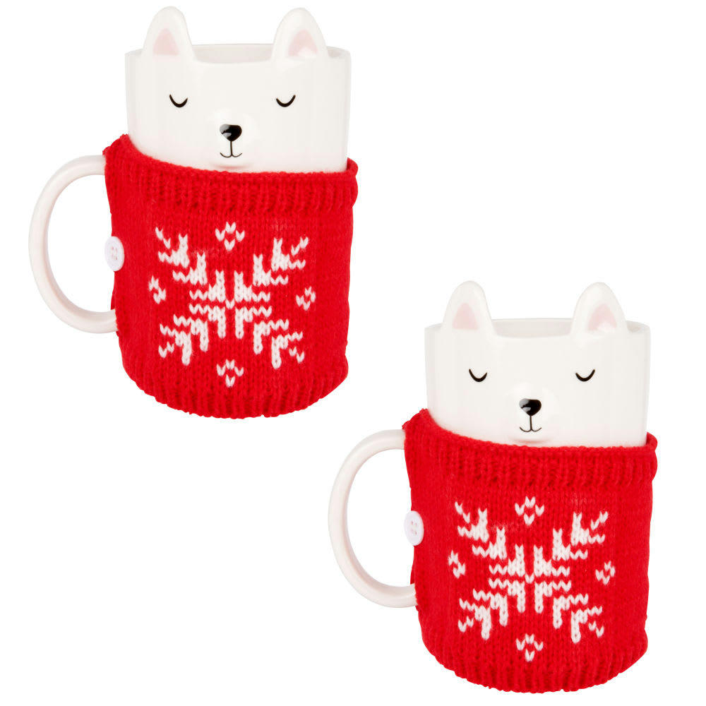 - Mug ours en faïence blanche et pull en laine rouge