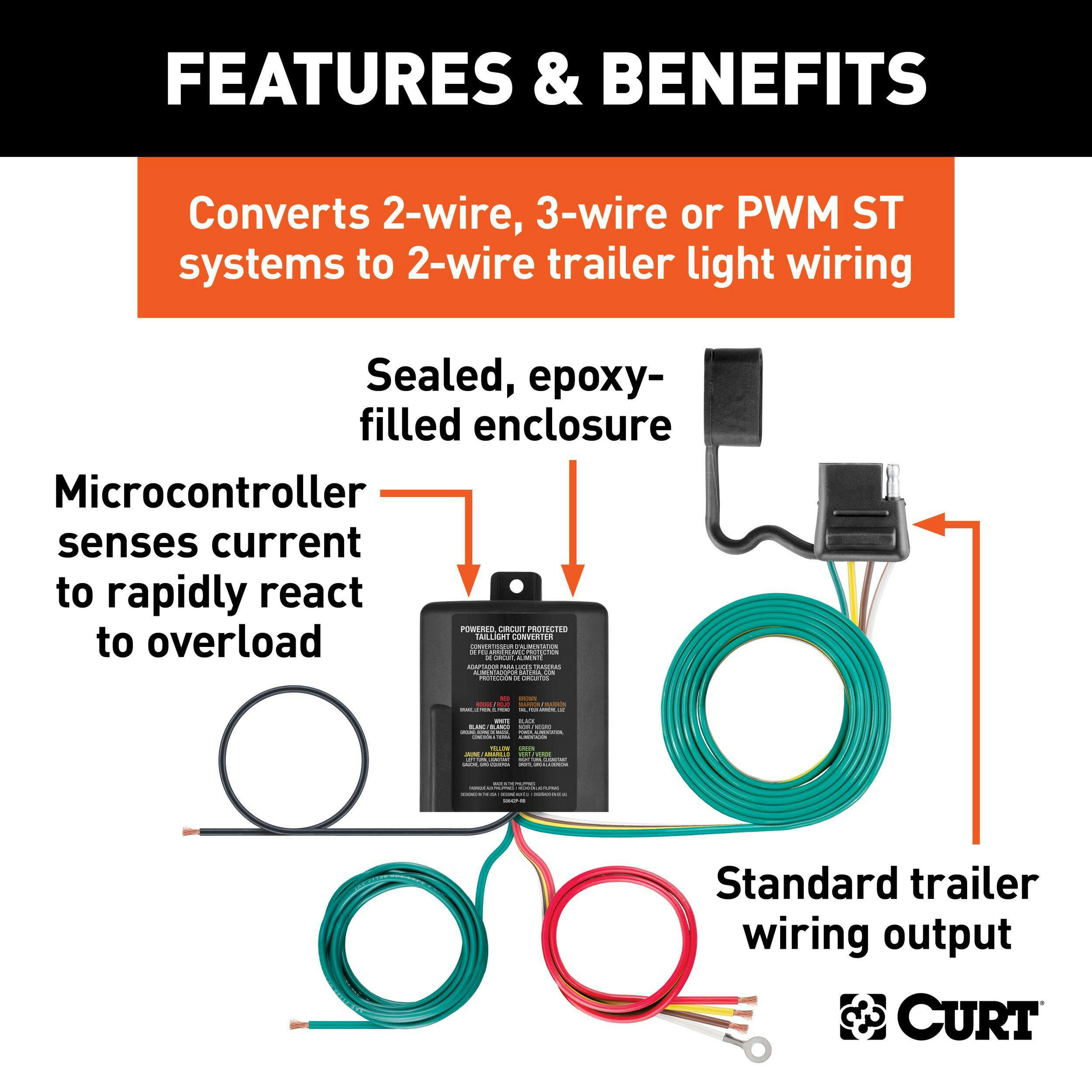 CURT 59236 Weather-Resistant Multi-Function Trailer Tail Light Converter Kit, 4-Pin Wiring