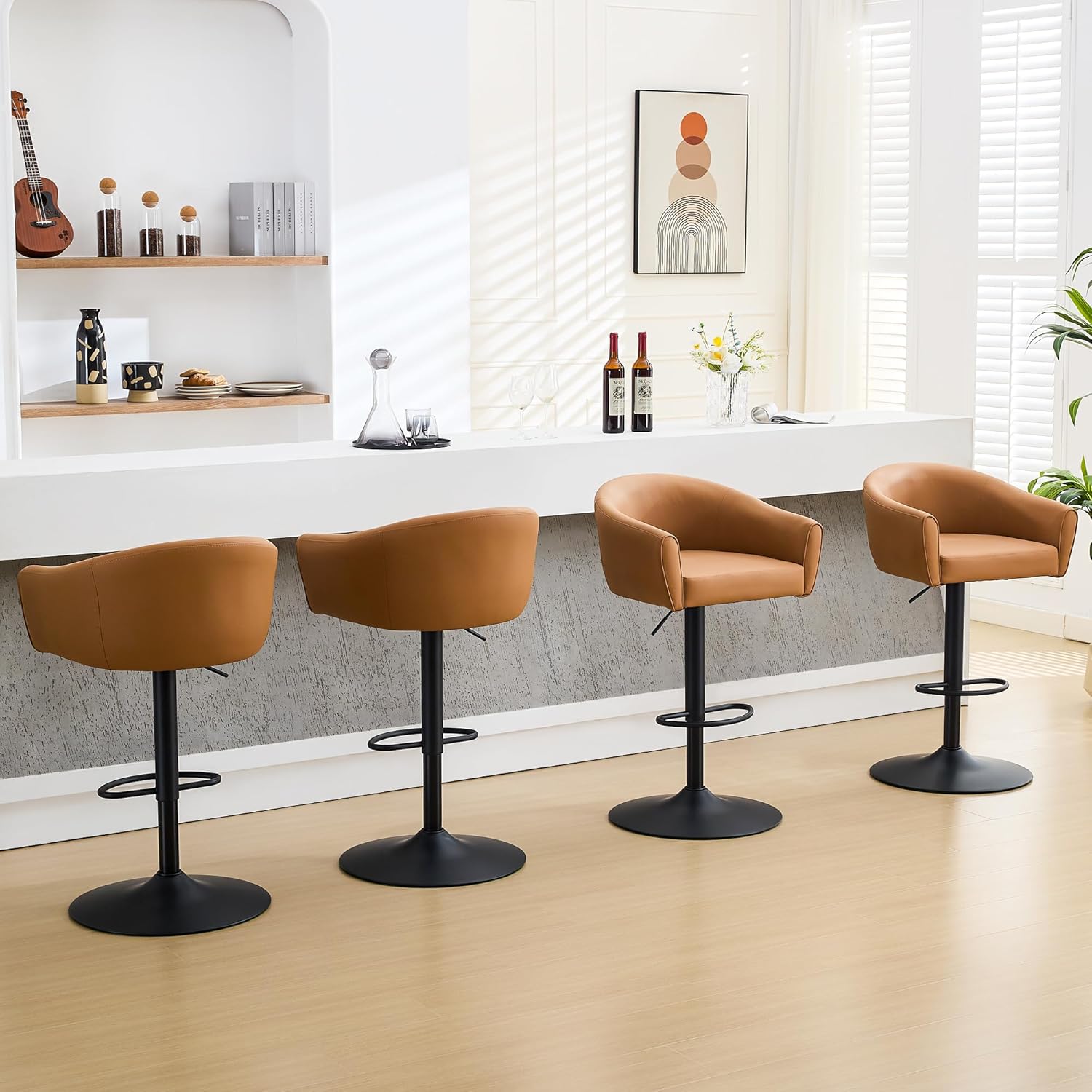 Bar Stools Set of 4, Swivel Counter Height Barstools with Back and Arms, Adjustable Faux Leather Bar Chair, Upholstered Island Stool for Bar, Kitchen, Counter (Caramel Brown, Set of 4)