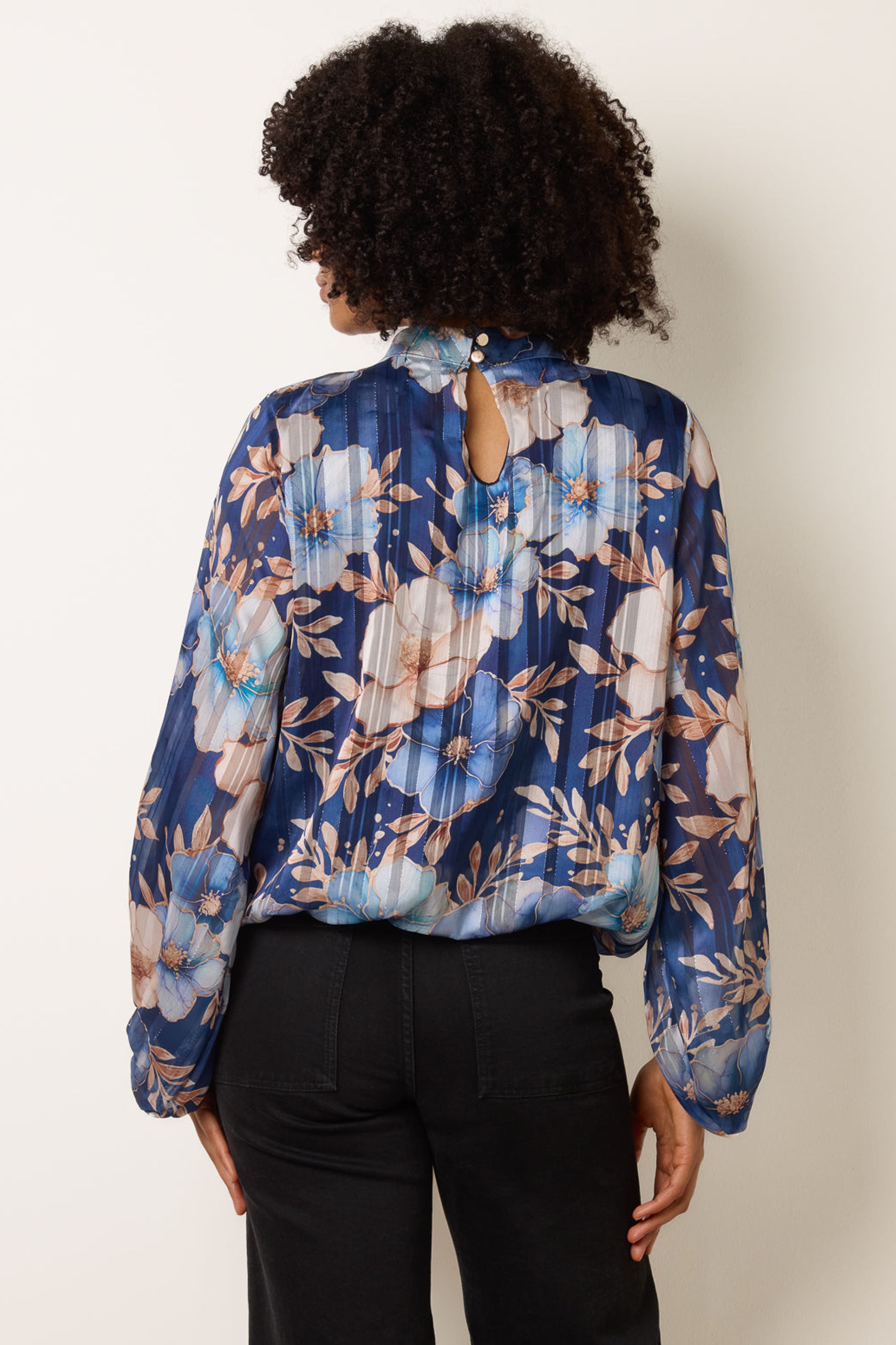 Blue Vanilla Navy Floral Metallic Puffball Top