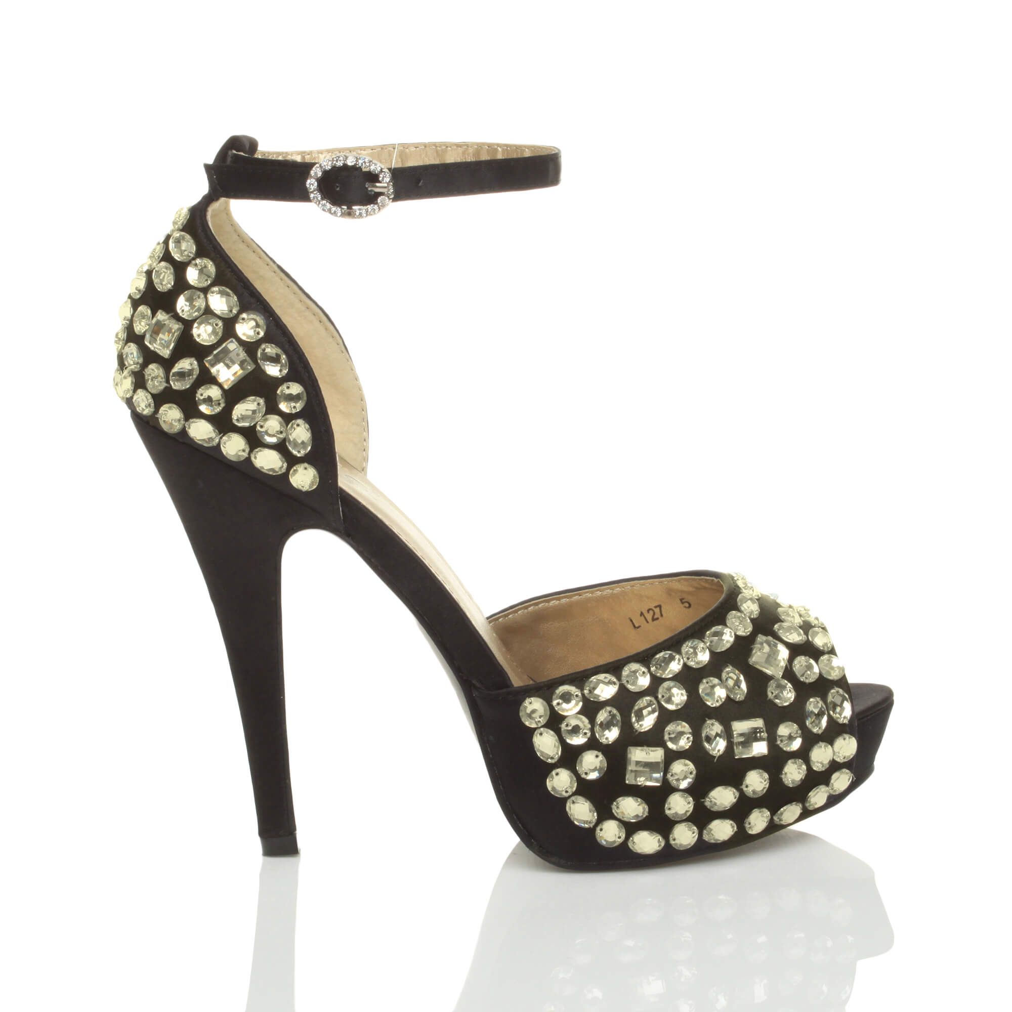 AJVANI High Heel Gem Ankle Strap Peep Toe Satin 2 Part Heels