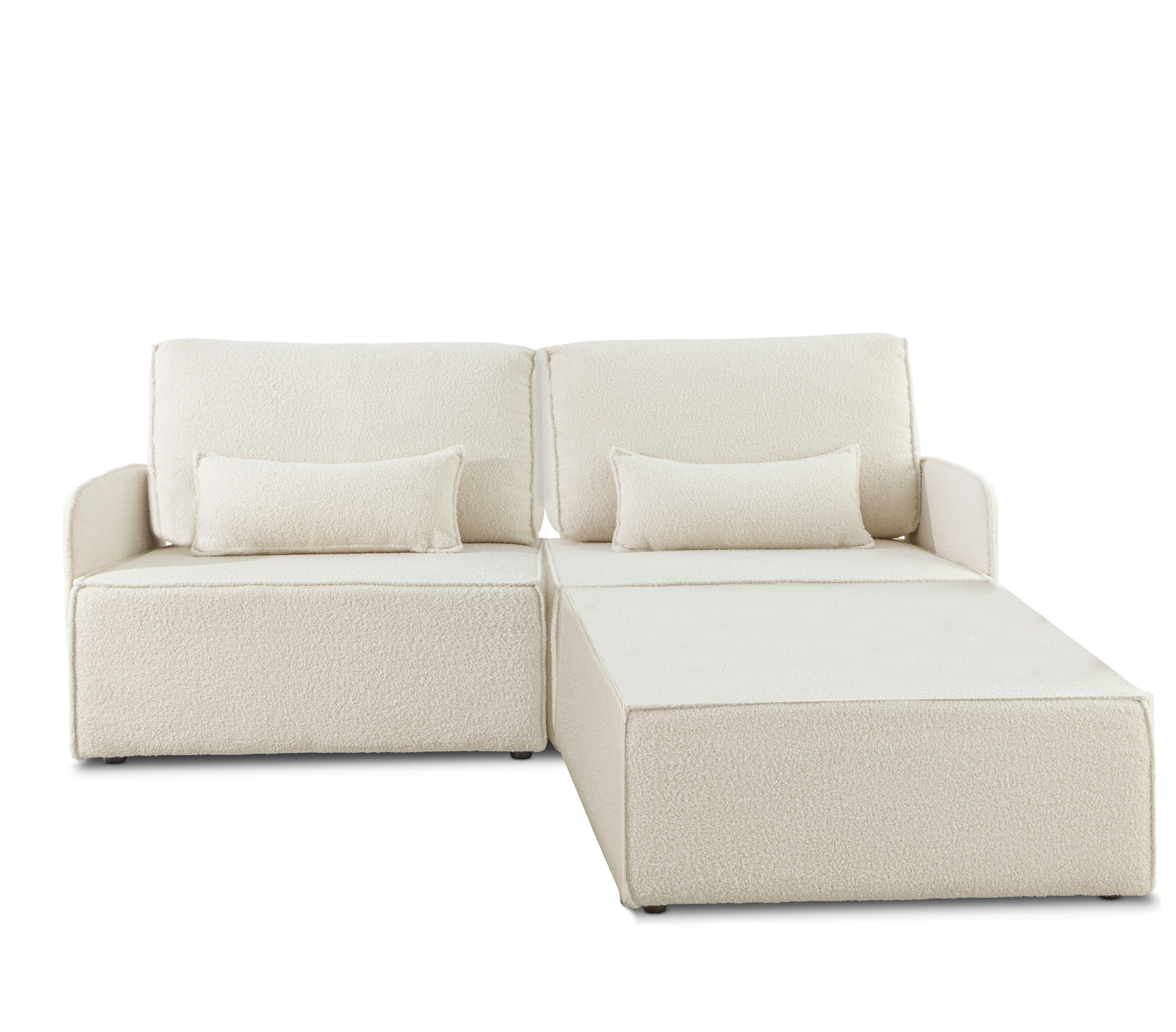 LEA - Canapé 2 places chaise longue en bouclé et en pin Blanc Neige