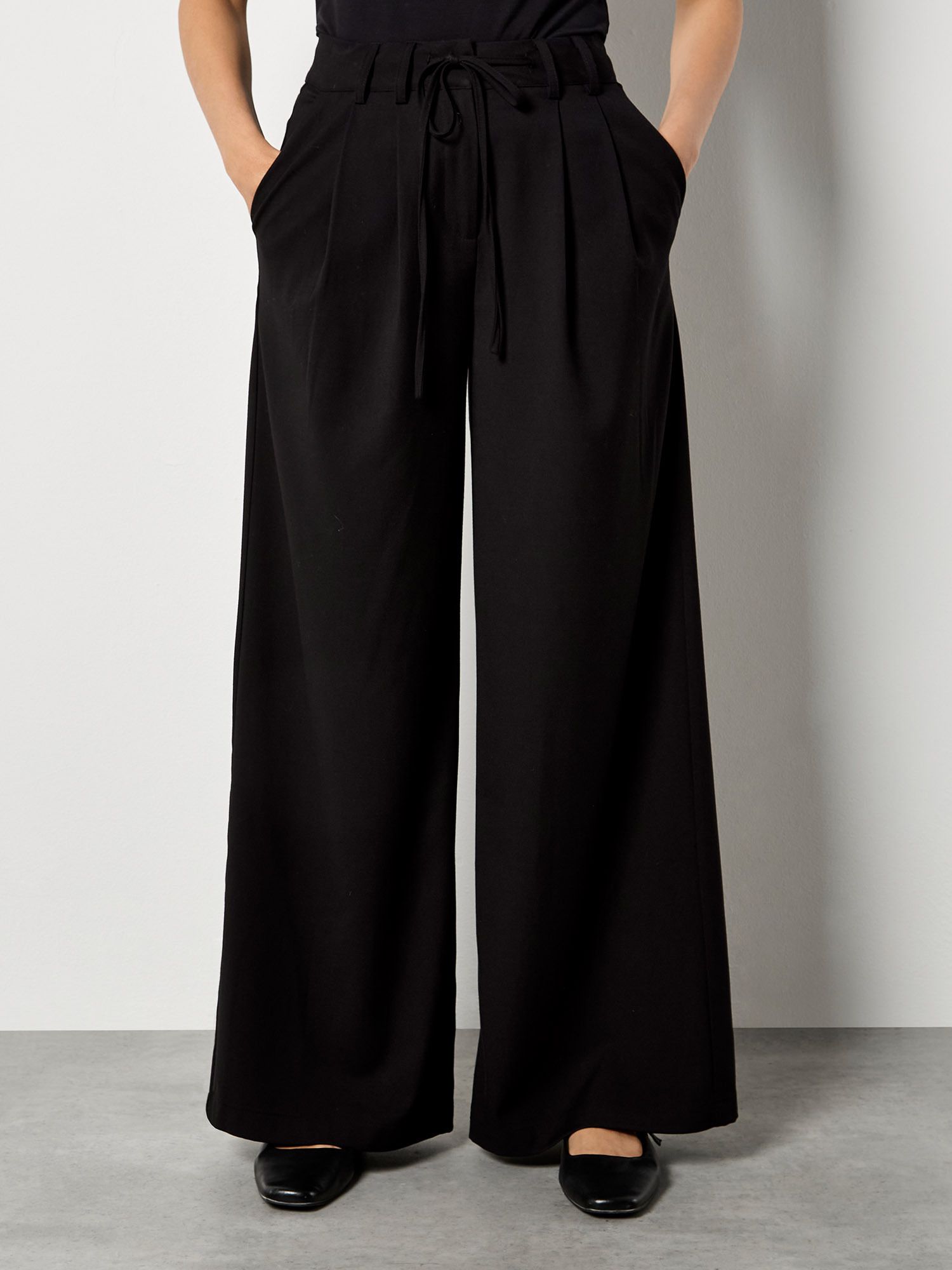 Apricot Pleat Detail Wide Leg Drawstring Trousers