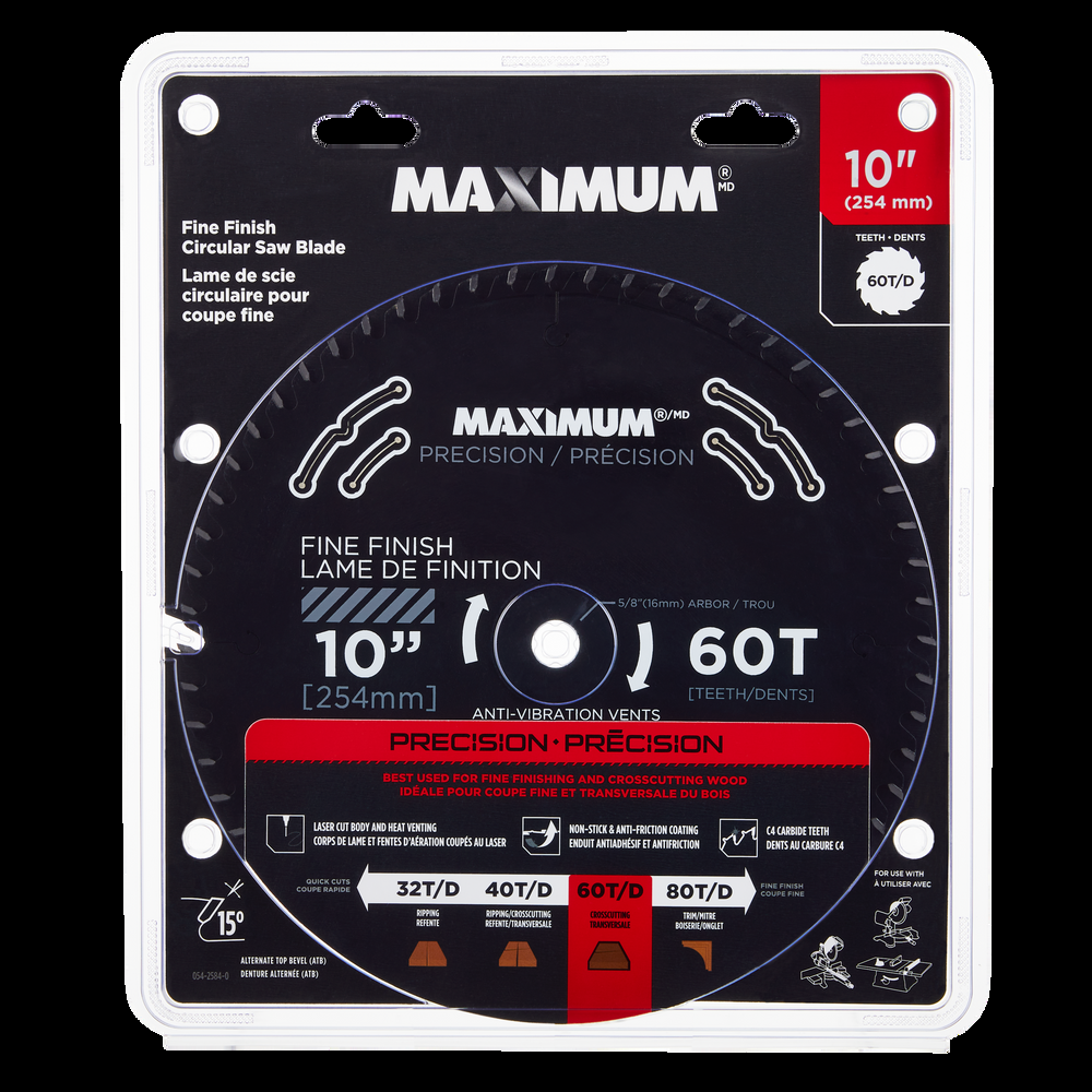 MAXIMUM 10-in 60T Carbide Tipped Fine Finish Circular Saw Blade for Wood