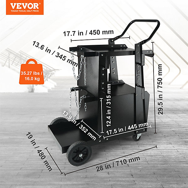 Chariot soudage 2 niveaux, antivol, charge 120 kg, pour atelier TIG/ARC/MMA/découpeur plasma.