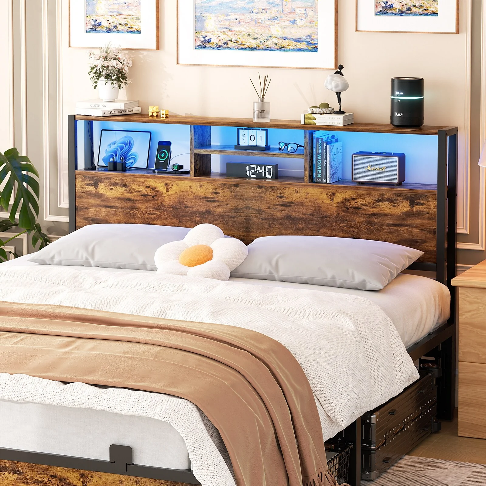 Headboard with Storage and Charge Station, Platform Bed Heaboard with LED Lights