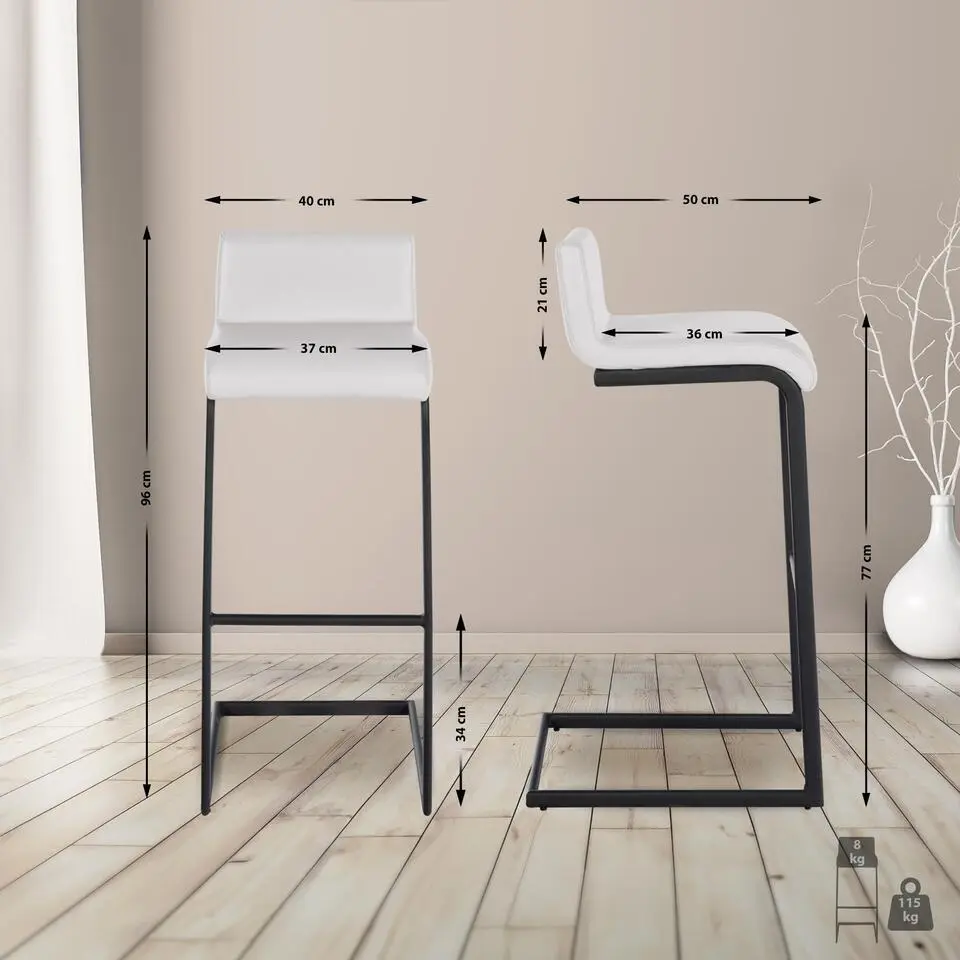 CLP Barkruk Newport zwart Frame - Kunstleer - wit