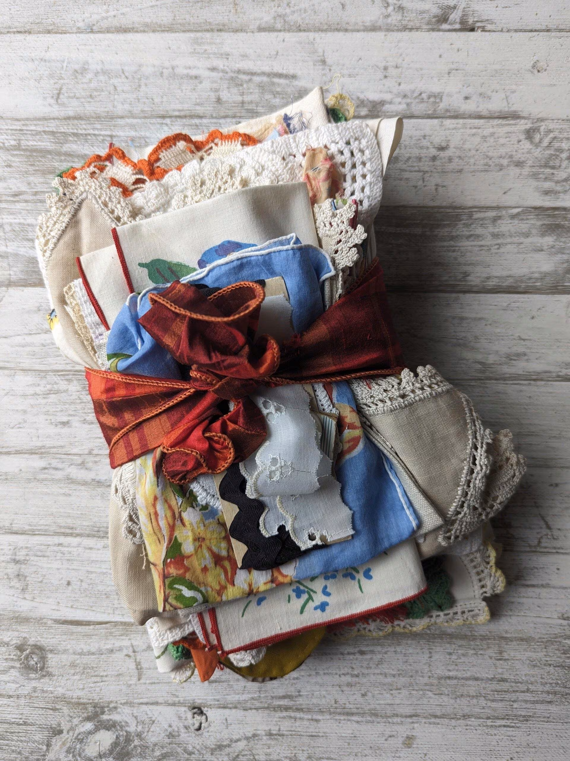 30 pc Vintage Linen Lace Trim Mystery Lot - cutter, slow stitch, fabric, doilies, hankies, embroidered, junk journal, collage