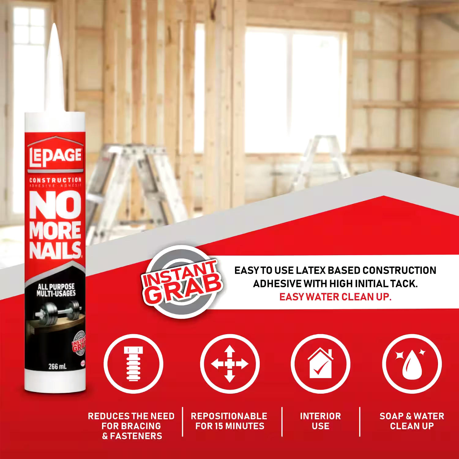 LePage No More Nails Instant Grab All-Purpose Construction Adhesive Glue, Clear, 177-mL