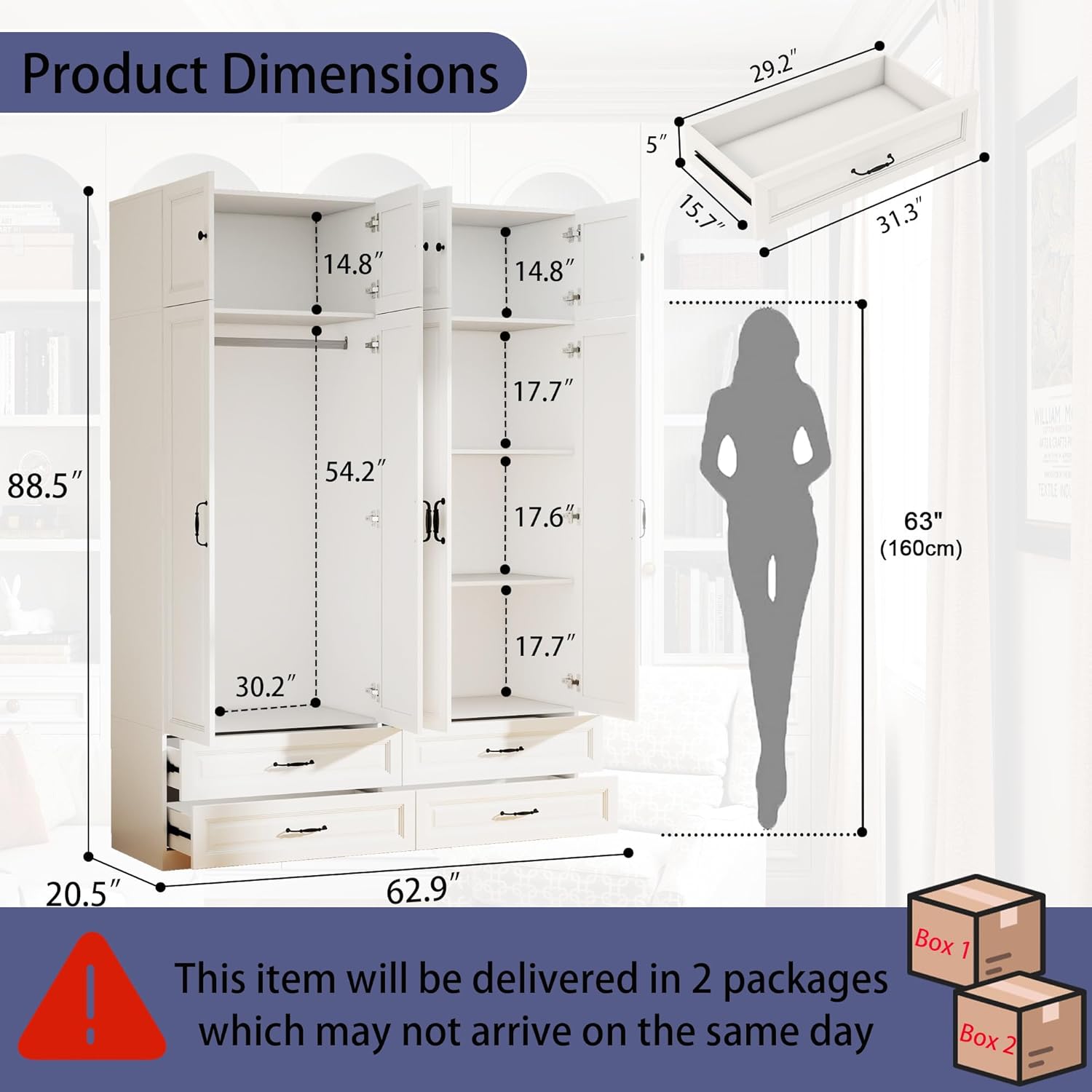 White Armoire Wardrobe Closet: 88 Extra Tall Wardrobe Closet with 4 Drawers, Bedroom Armoires with 4 Doors, Wood Large Armoire with Top Cabinet (63)