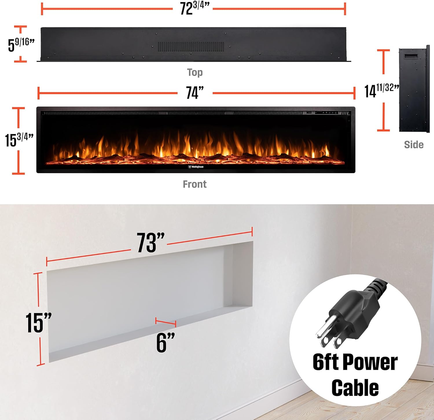 Westinghouse 74 Inch Electric Fireplace Heater, Compatible with Alexa & Google Home, Wall Mount or in-Wall Recessed Fireplace Insert, 24 Hour Timer, Color Changing Flames, 750W/1500W Indoor Heater