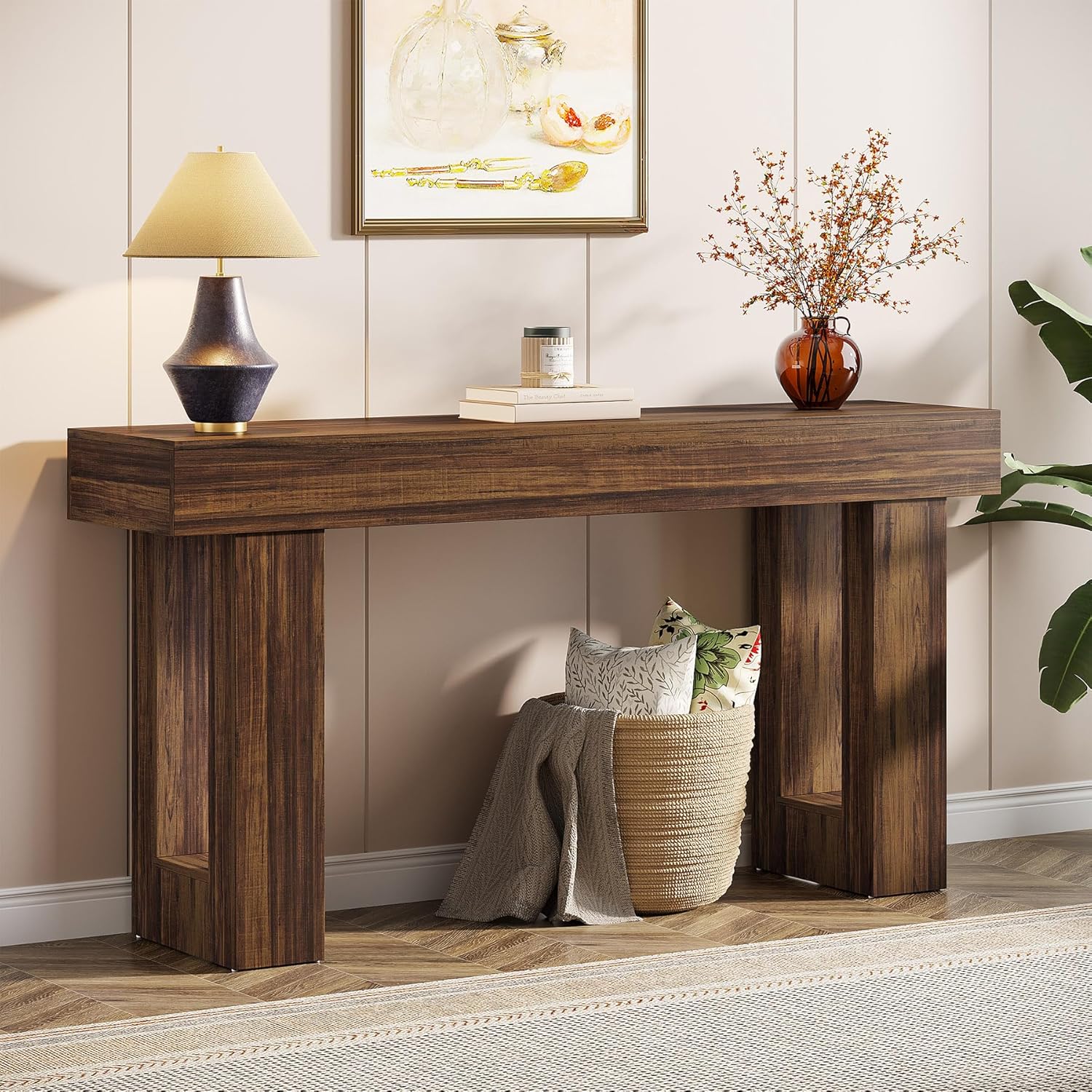 Tribesigns 63-Inch Long Console Table, MDF Wood Grain Rectangular Sofa Table Behind The Couch, Farmhouse Entryway Table for Entrance, Hallway, Living Room (Rustic Brown)