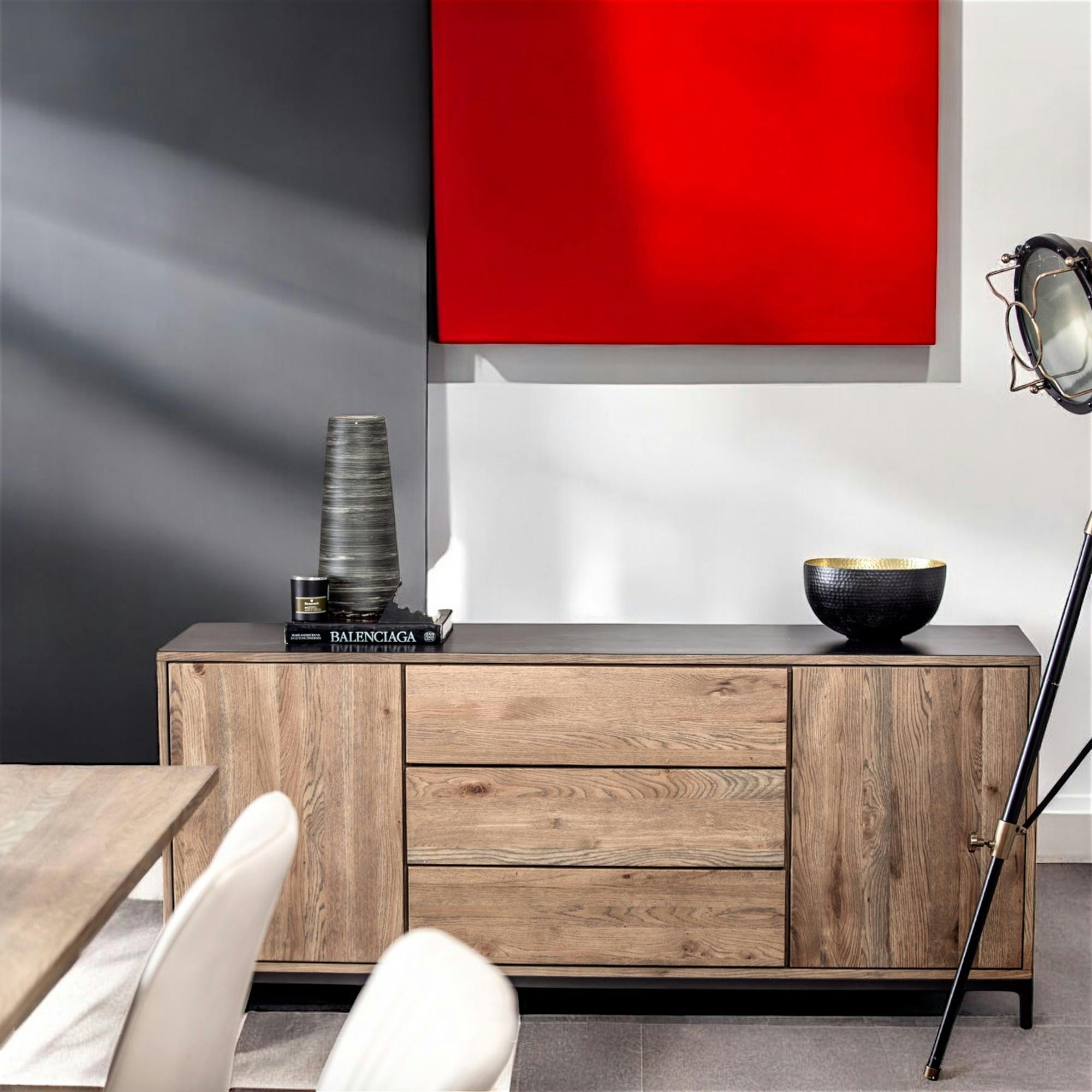 Buffet contemporain chêne massif encadrement métal noir HUDSON