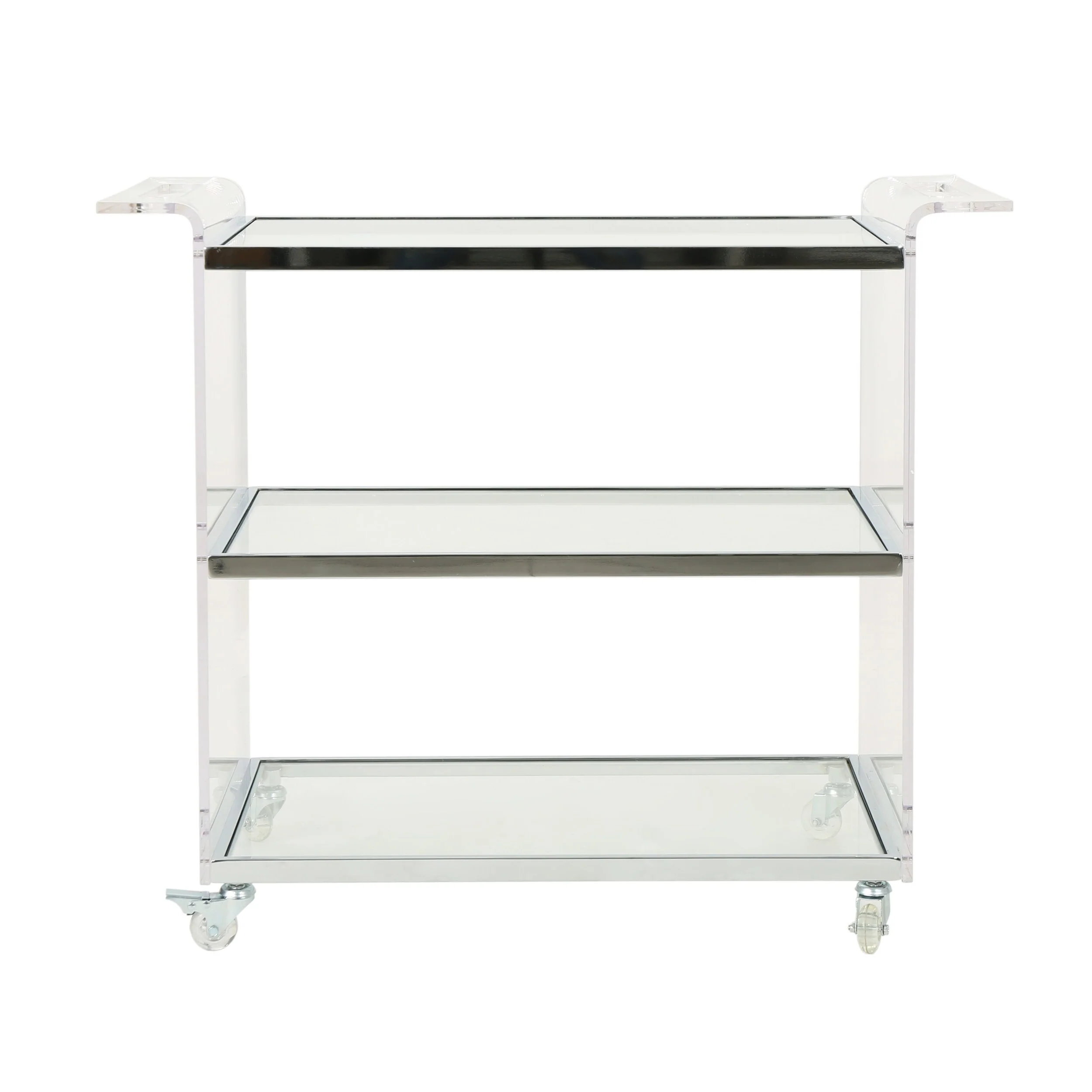 Acrylic Bar Cart with Tempered Glass Shelves, Modern Serving Cart with Rattan & Metal Frame for Dinner Parties & Tea Service