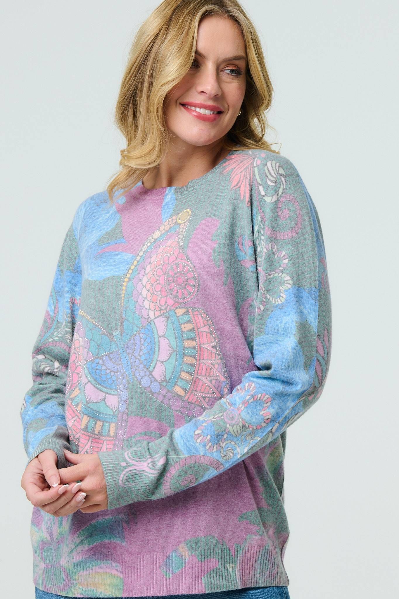 Izabel London Abstract Print Stud Detail Knit Top