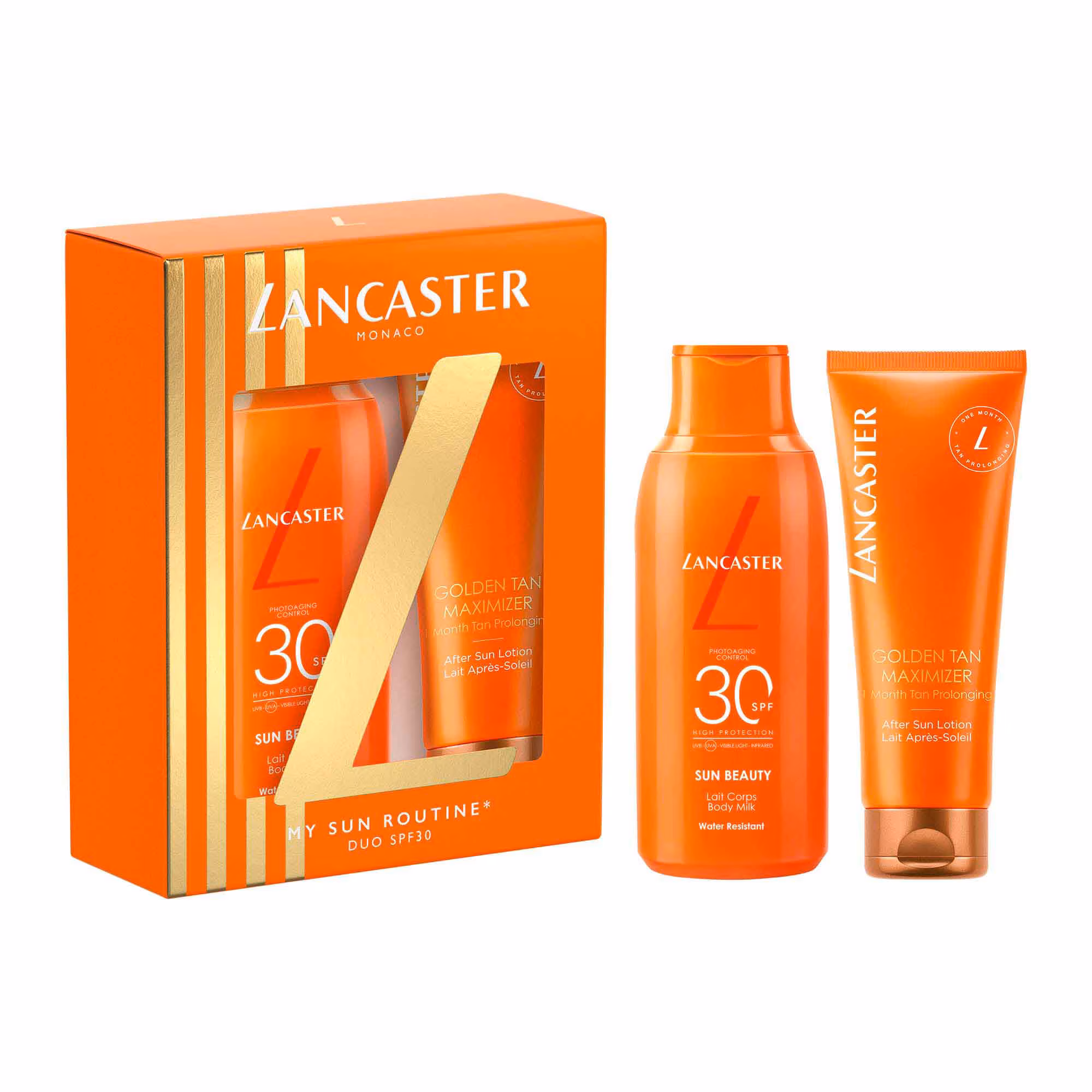 LANCASTER SUN BEAUTYCoffret lait corps sun beauty spf30 + lotion après-soleil golden tan maximizer visage et corps