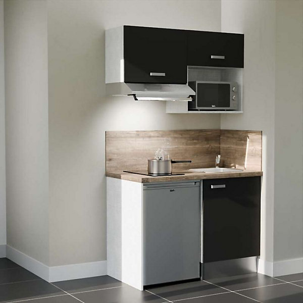 Kitchenette K02 façades Noir - Plan de travail Bois - Crédences : Oui - Evier inox - Electroménager Inox inclus