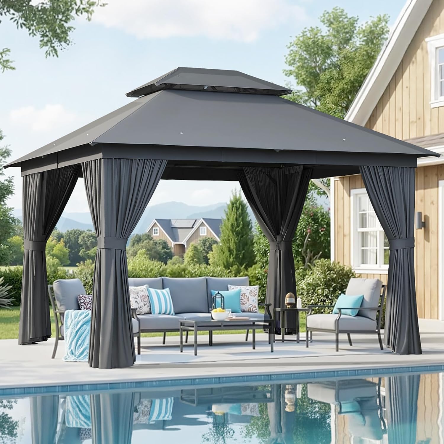 Aoxun Outdoor Gazebo for Patio 10x12  Metal Frame Canopy with Double Roofs  Heavy Duty Party Tent and Shelter with Mosquito Netting and Privacy Screen for Backyard  Lawn  Garden  Deck