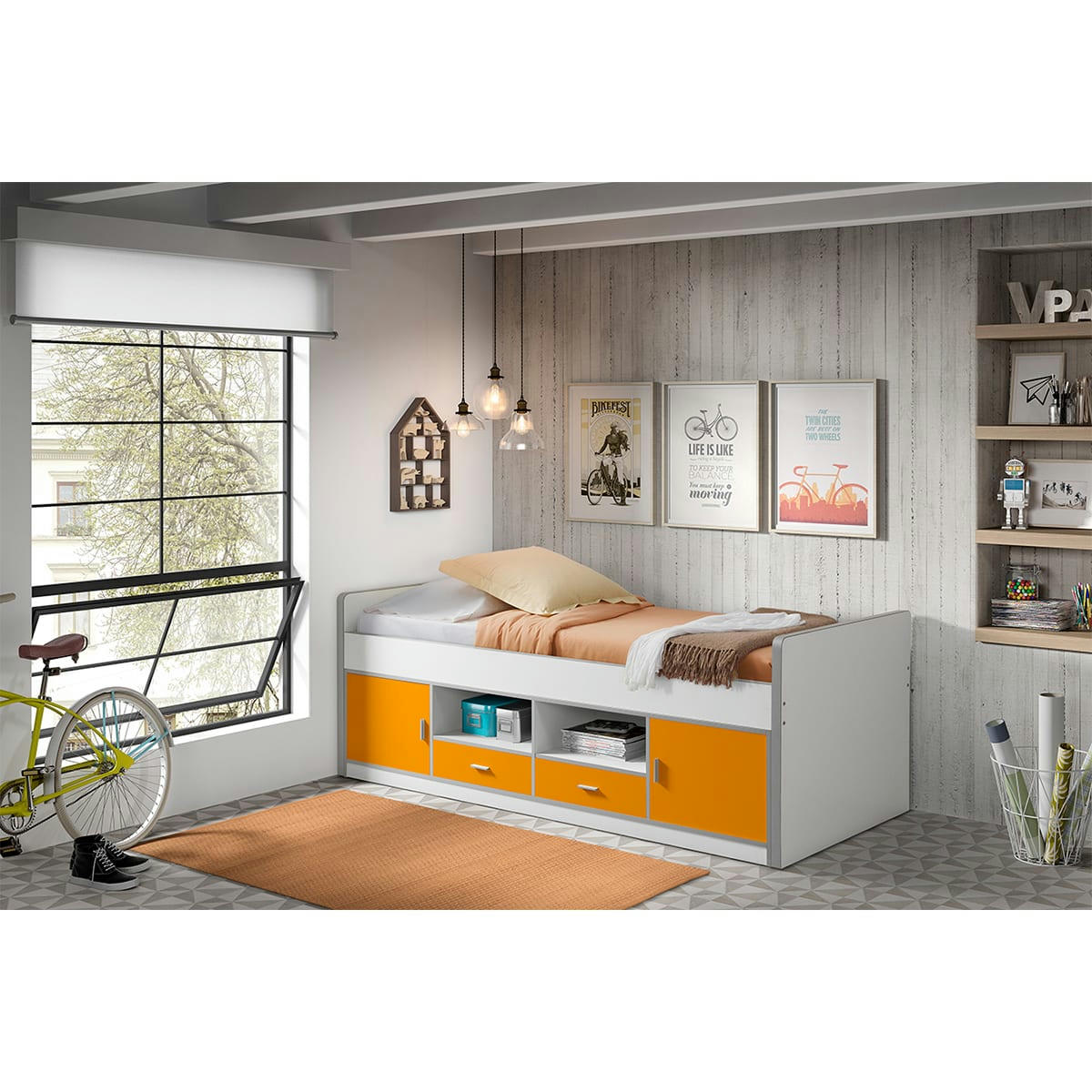 BONNY - Lit capitaine 90x200 sommier inclus orange