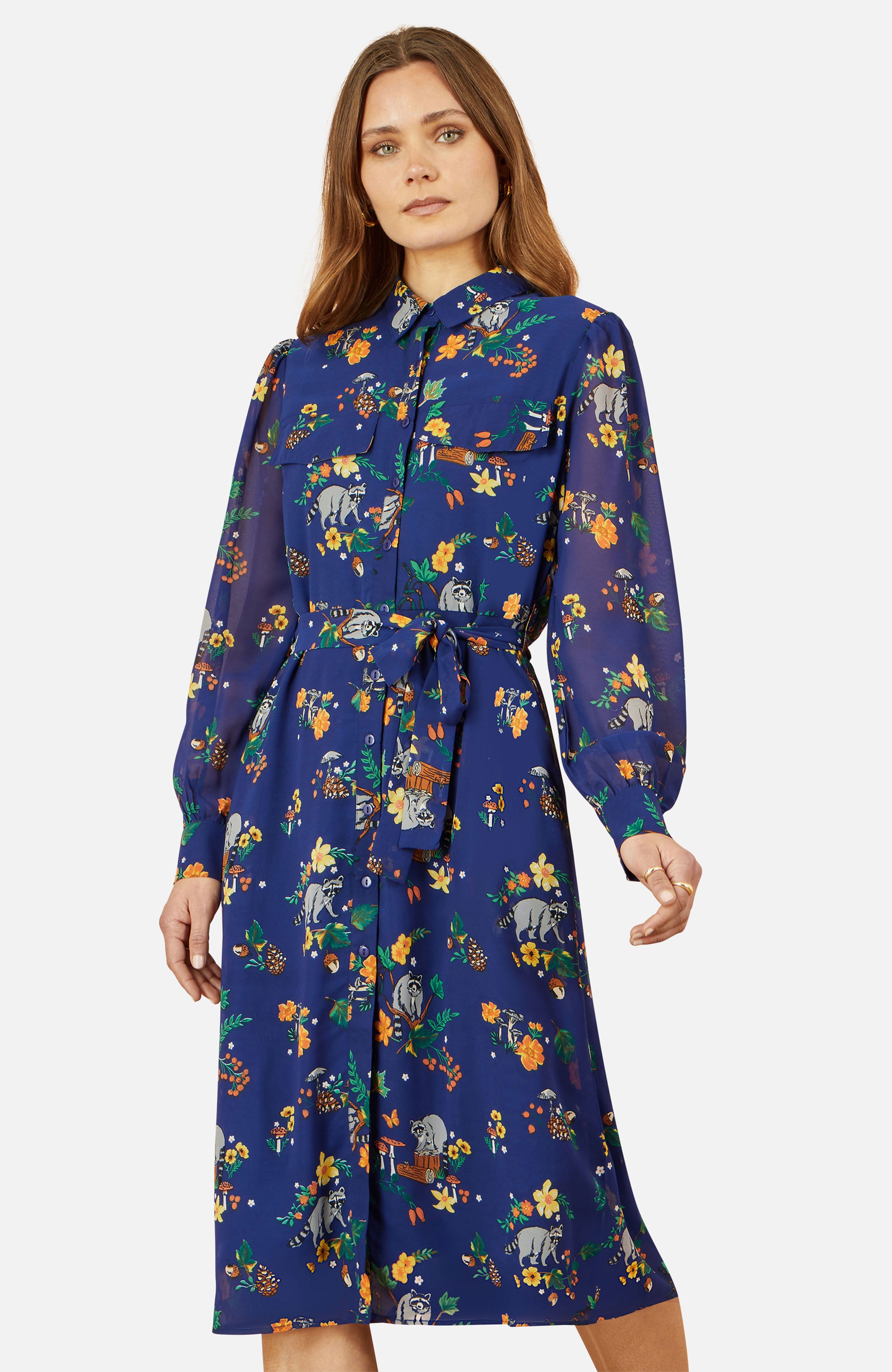 Yumi Navy Raccoon Print Shirt Midi Dress