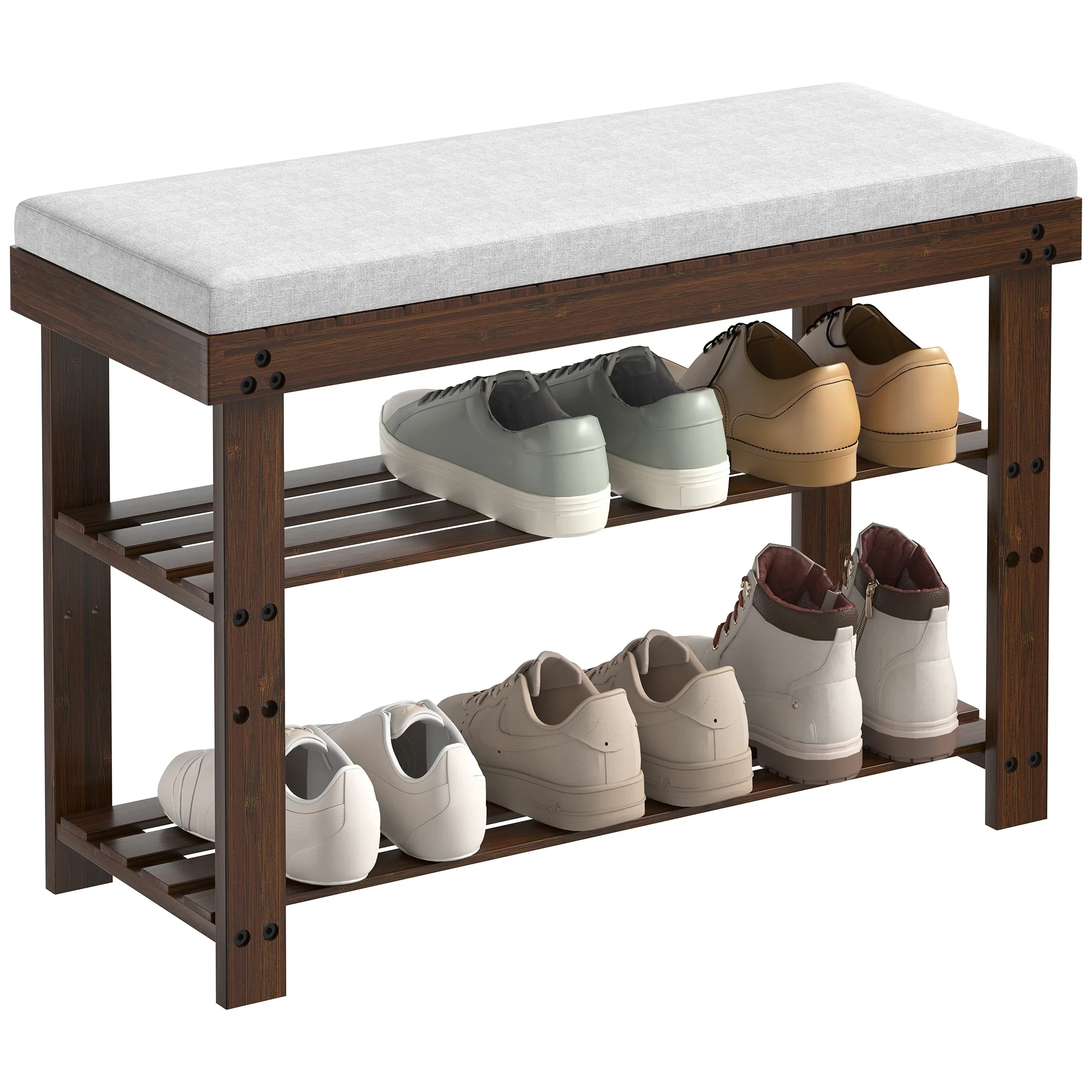 Bamboo Shoe Bench,3-Tier Shoe Rack,Entryway Bench with Cushion and Adjustable Shelves,Shoe Rack for Entryway,Living Room