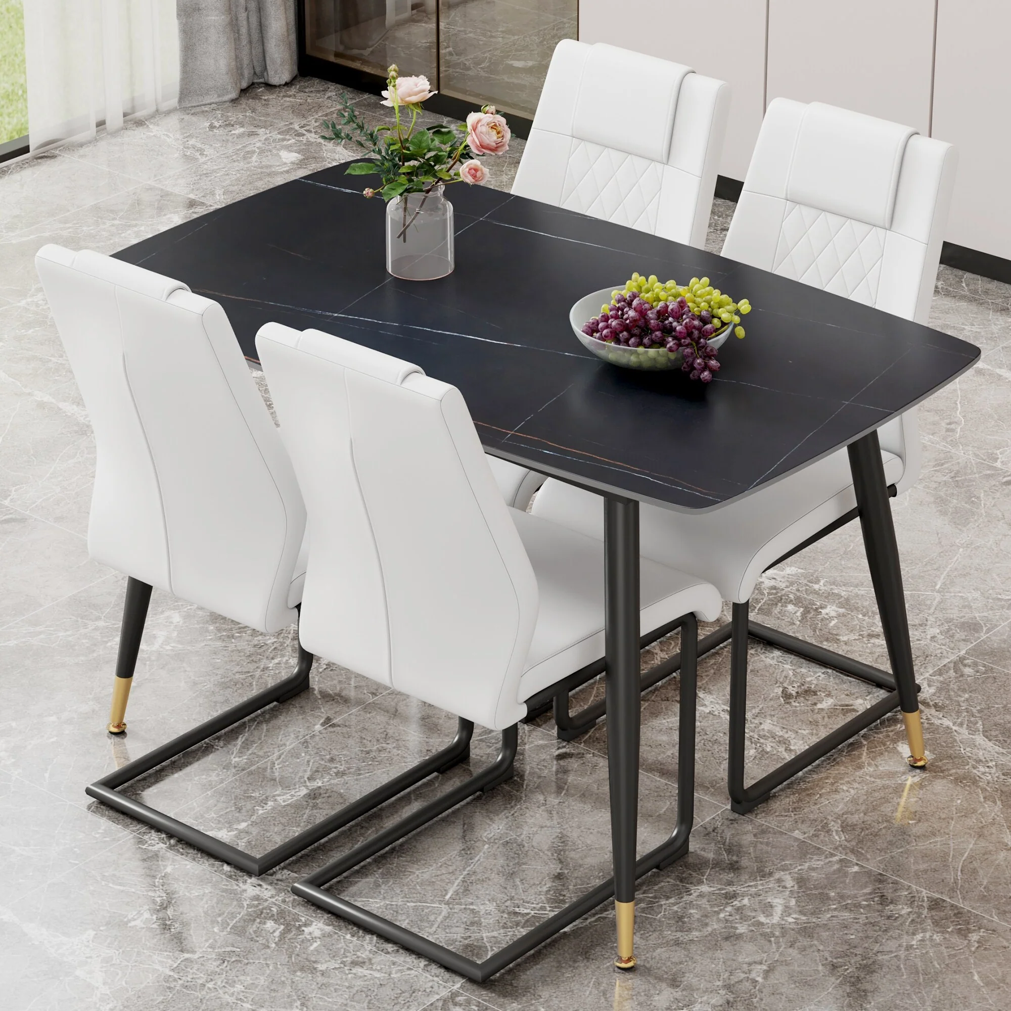 Modern 5-Piece Dining Table Set with Sintered Stone Table Top and 4 PU Upholstered Chairs