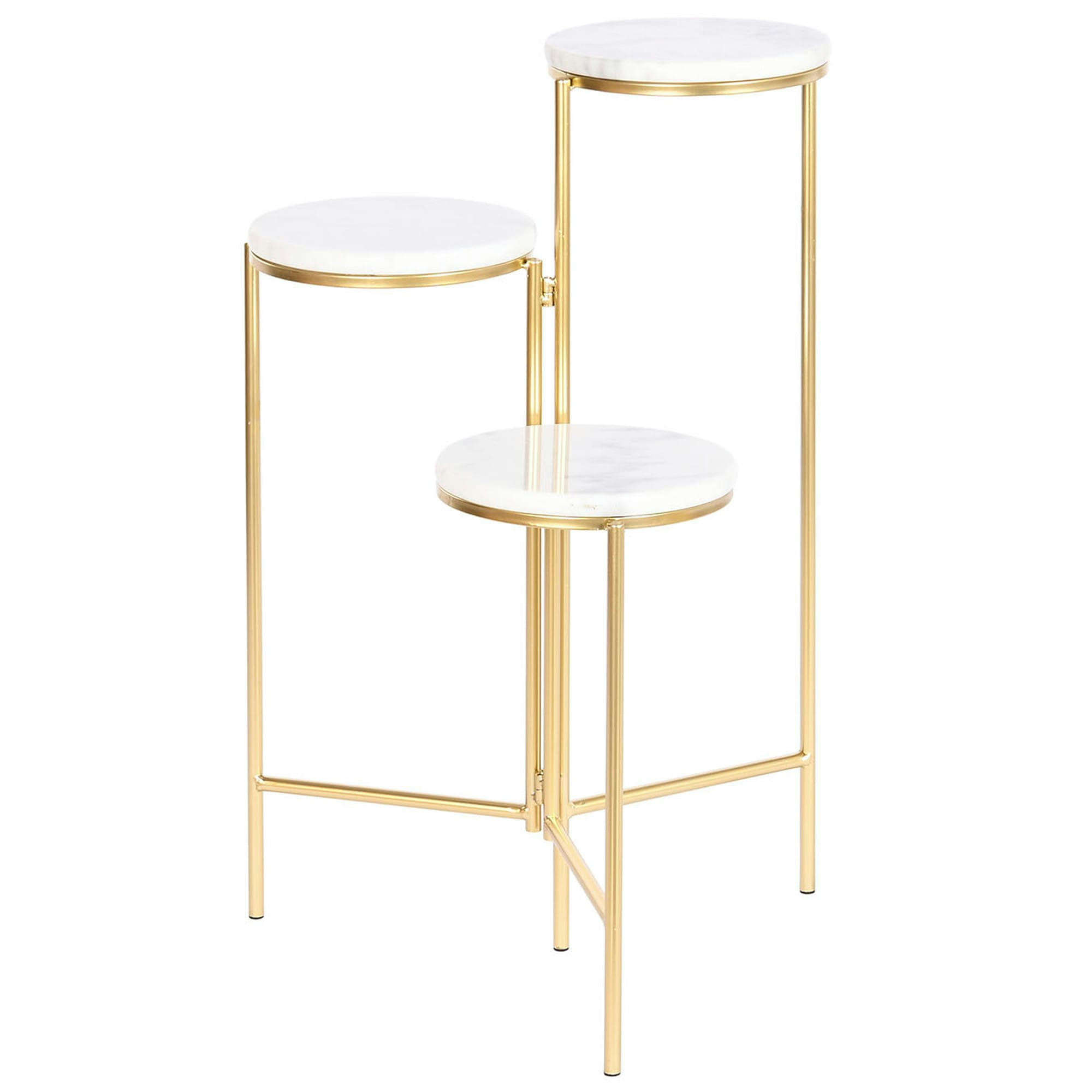 - Support pots plantes métal doré et 3 plateaux marbre blanc 48x48x75.5c
