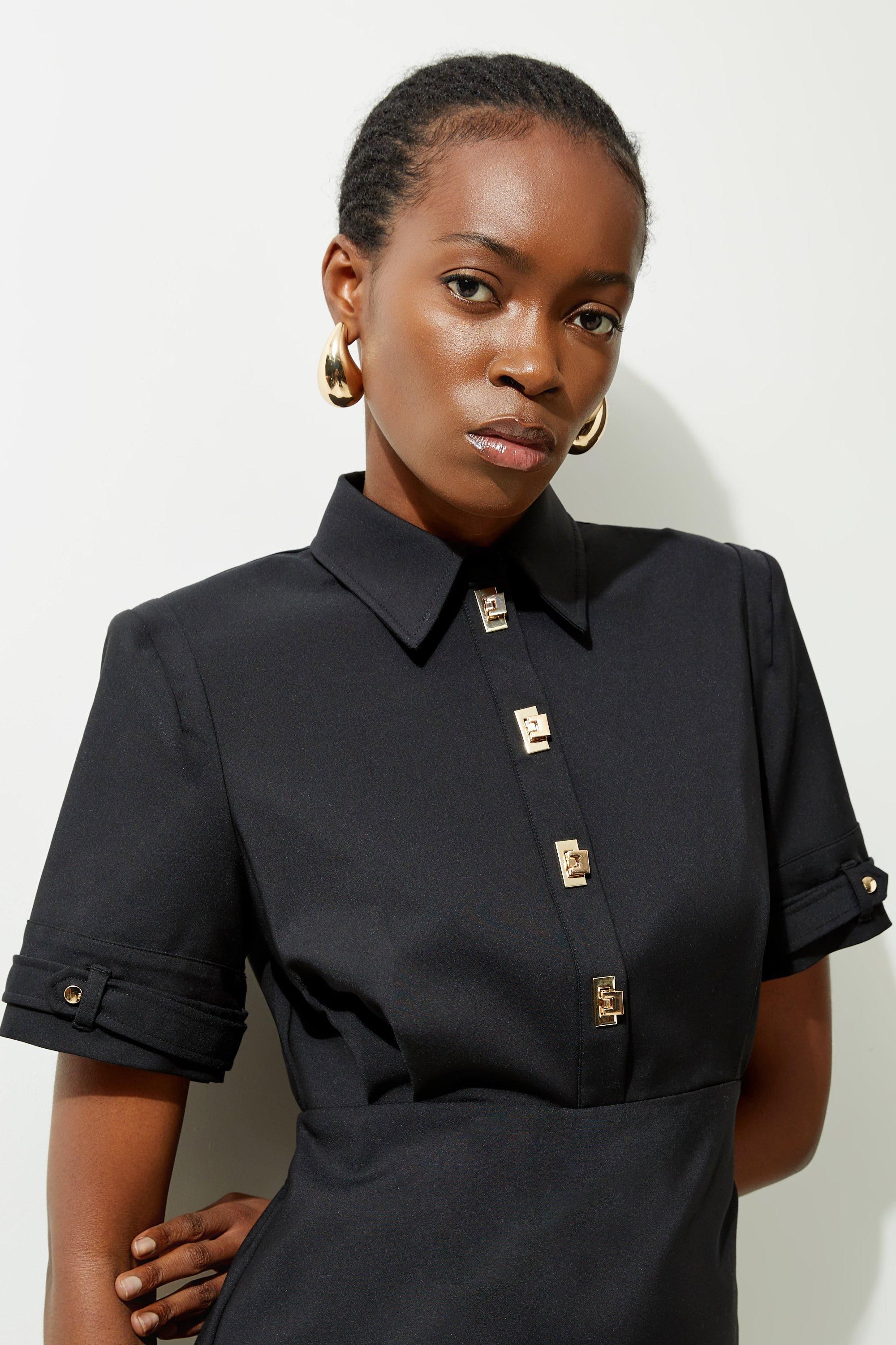 KarenMillen Essential Techno Shirt Sleeve Woven Shirt Dress With Gold Hardware