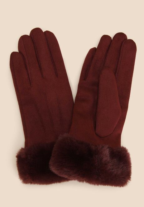 Womens Burgundy Faux Shearling Gloves