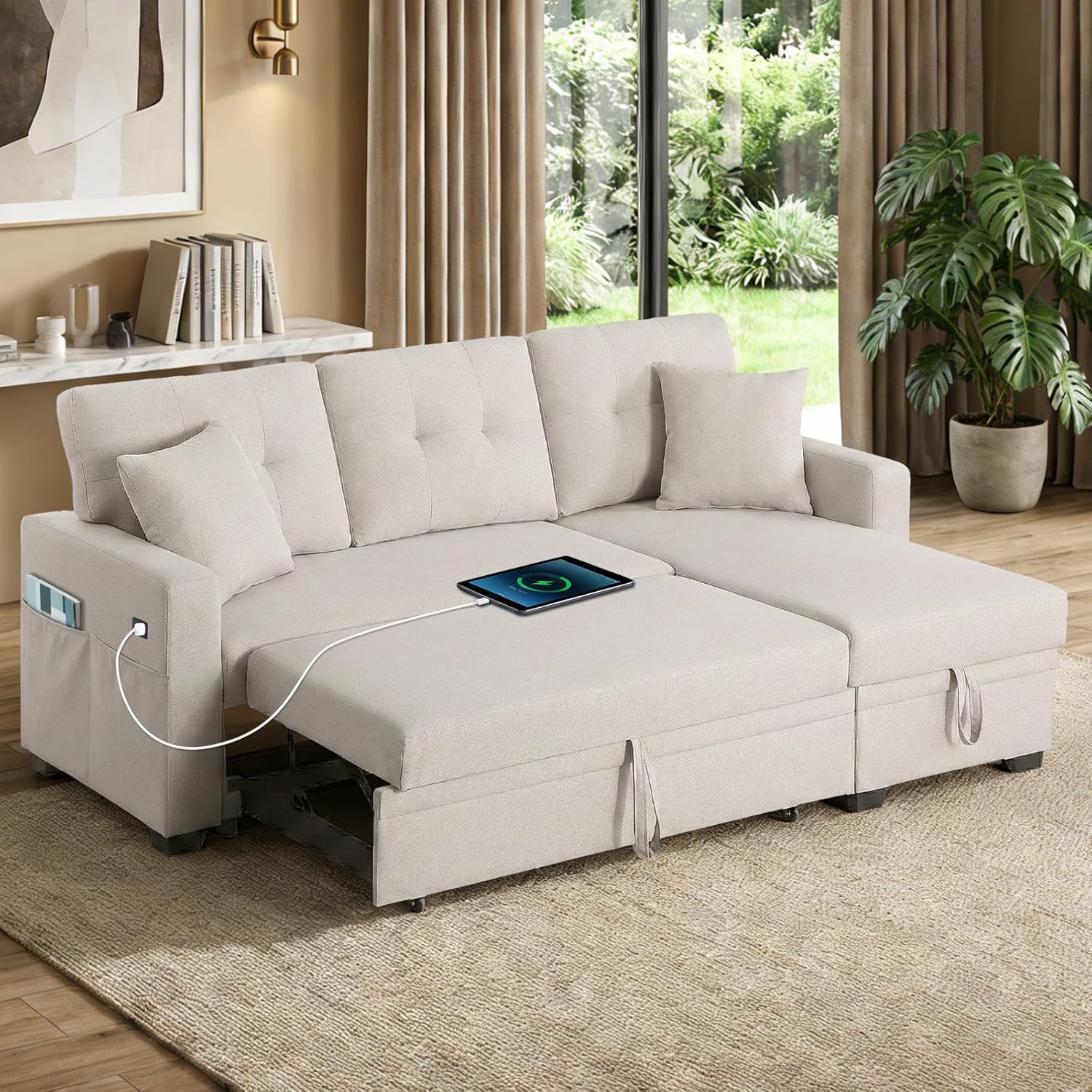 82 L Shaped Sleeper Sofa Bed: Sectional Sleeper Couch with Pull Out Bed, Storage Chaise, USB Charging, 3 Seat Sectional Sofa Bed with Throw Pillow for Living Room (Linen Fabric, Beige)