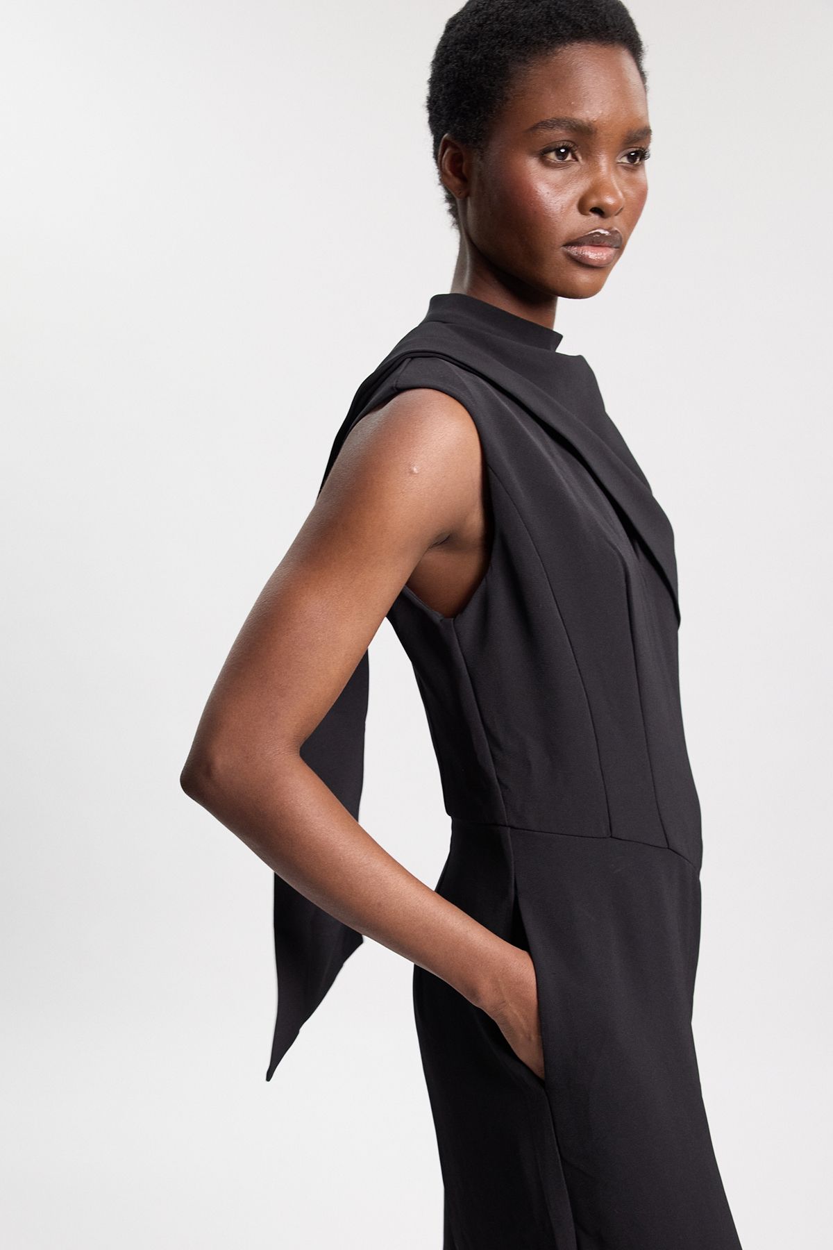KarenMillen Tailored Crepe Cape Asymmetric Cape Neck Detail Jumpsuit