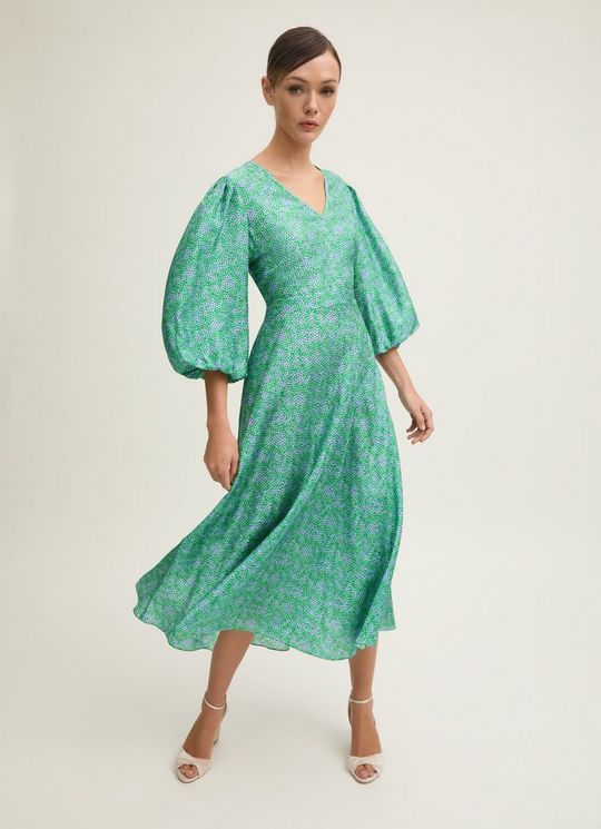Lola Birch & Green Blossom Print Jacquard Dress With Statement Sleeve