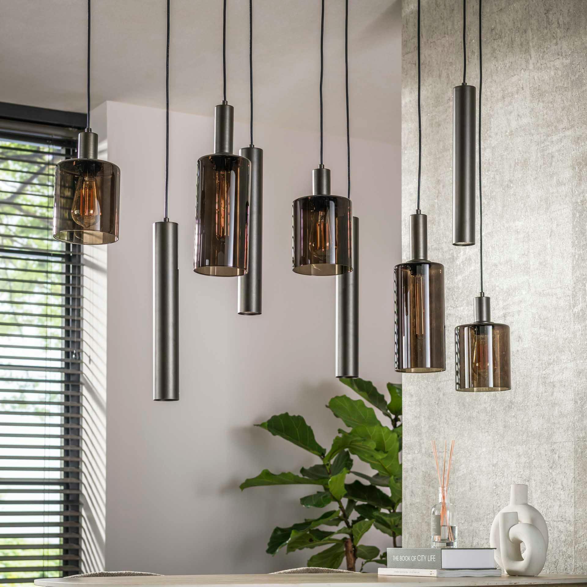 Suspension îlot cuisine verre brun et métal 9 lampes NOVA