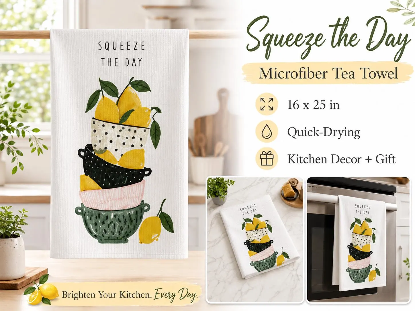 Squeeze the Day Lemon Tea Towel, Citrus Kitchen Towel, Cute Lemon Kitchen Decor, Housewarming Gift, home gift