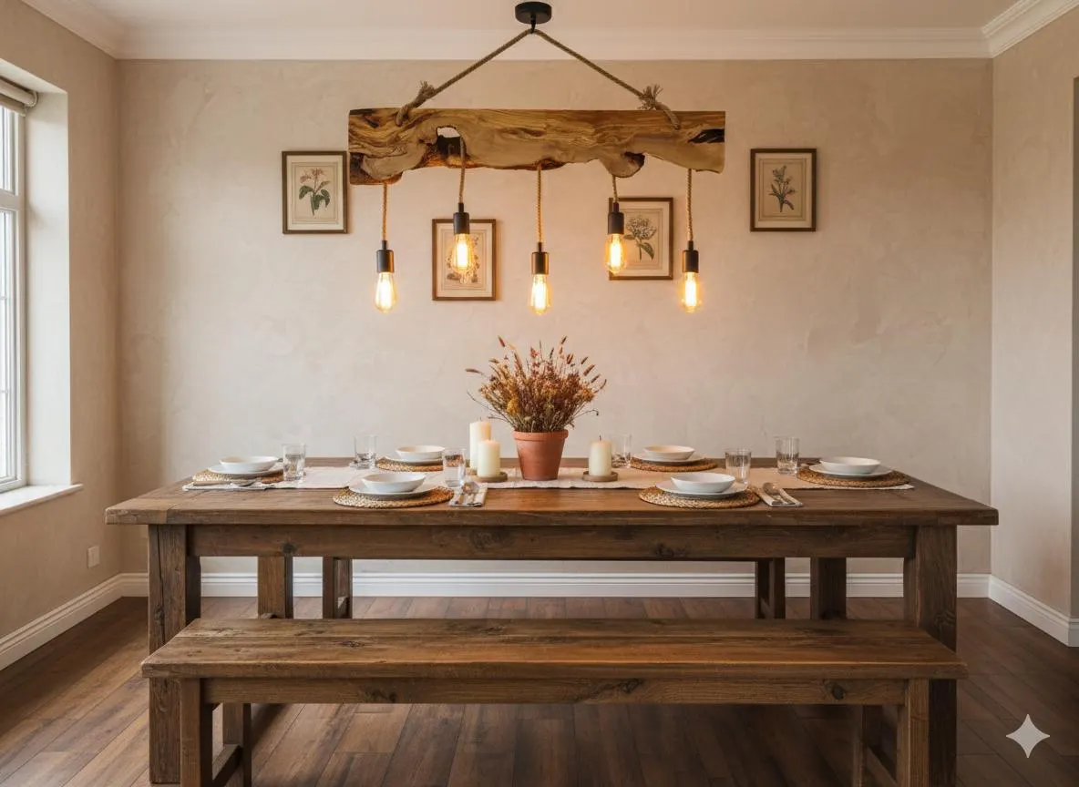 Olive Wood Rustic Light Fixture, Farmhouse Wooden Live Edge Chandelier For Dinign Room, Unique Ceiling Light For Dining Table and Kitchen