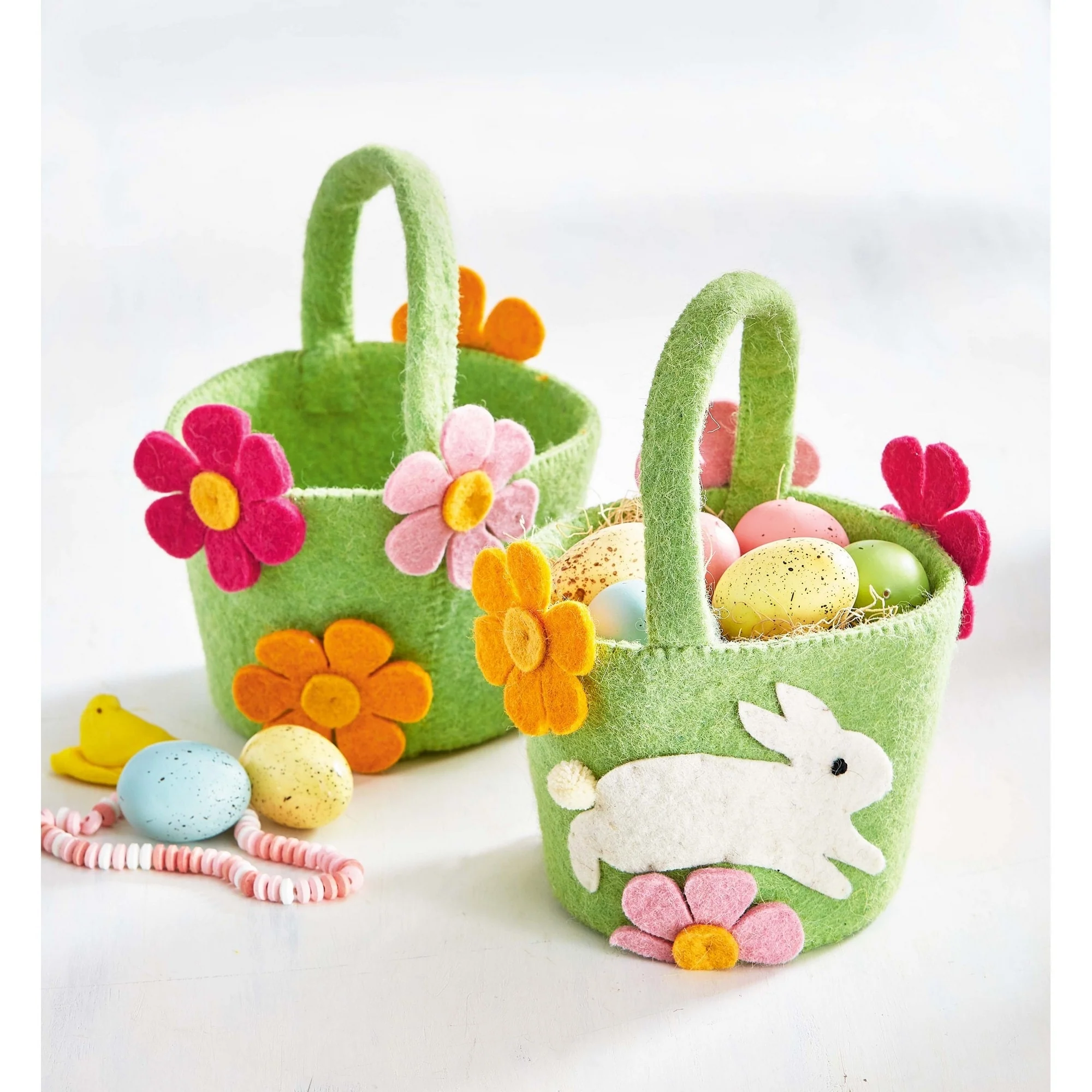 Easter Felt Bunny and Flowers Easter Basket Green, 7L x 8W x 10H Inches