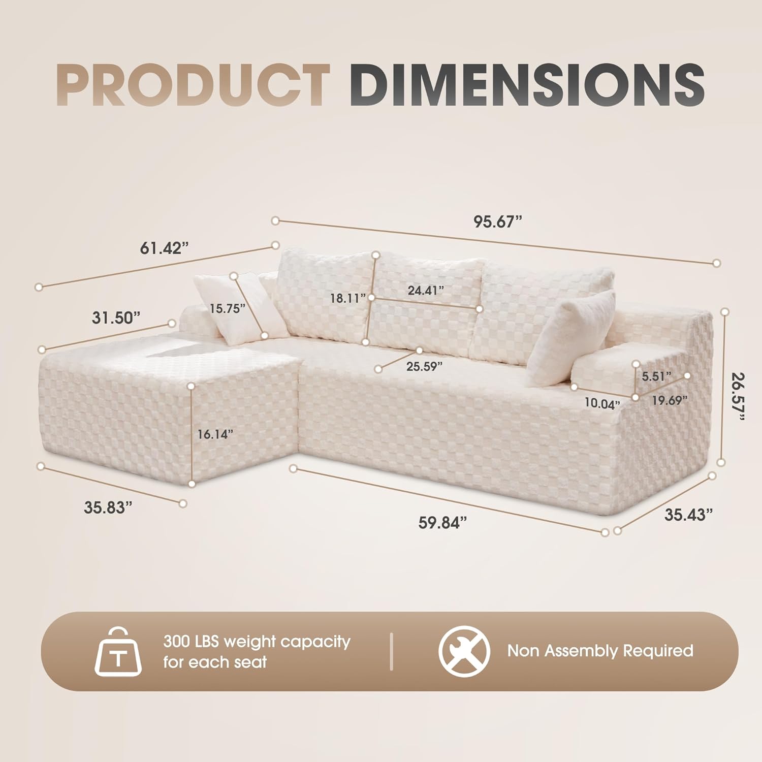 Hobestluk Modular Sectional Sofa Couches L-Shape Couch 3 Seat Modular Sofa Memory Foam Sectional Couches for Living Room, Cloud Couch with Oversized Chaise (96 Left Facing Chaise)