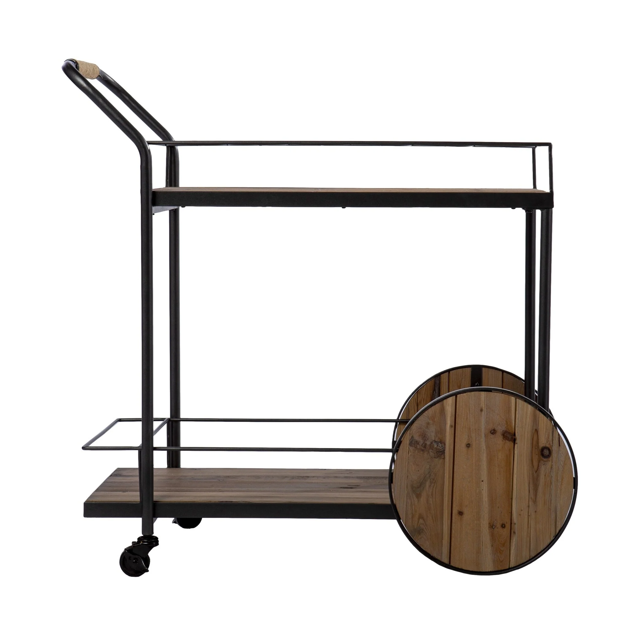 Mobile Bar Cart with Natural Wood Surface Matte Iron Frame 6-Bottle Wine Rack and Shelf - 34”H x 32.25”W x 17.5”D
